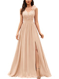 Miusol Women's Vintage V-Neck Sleeveless Sequined Split Formal Evening Maxi Dress (Small, Champagne)