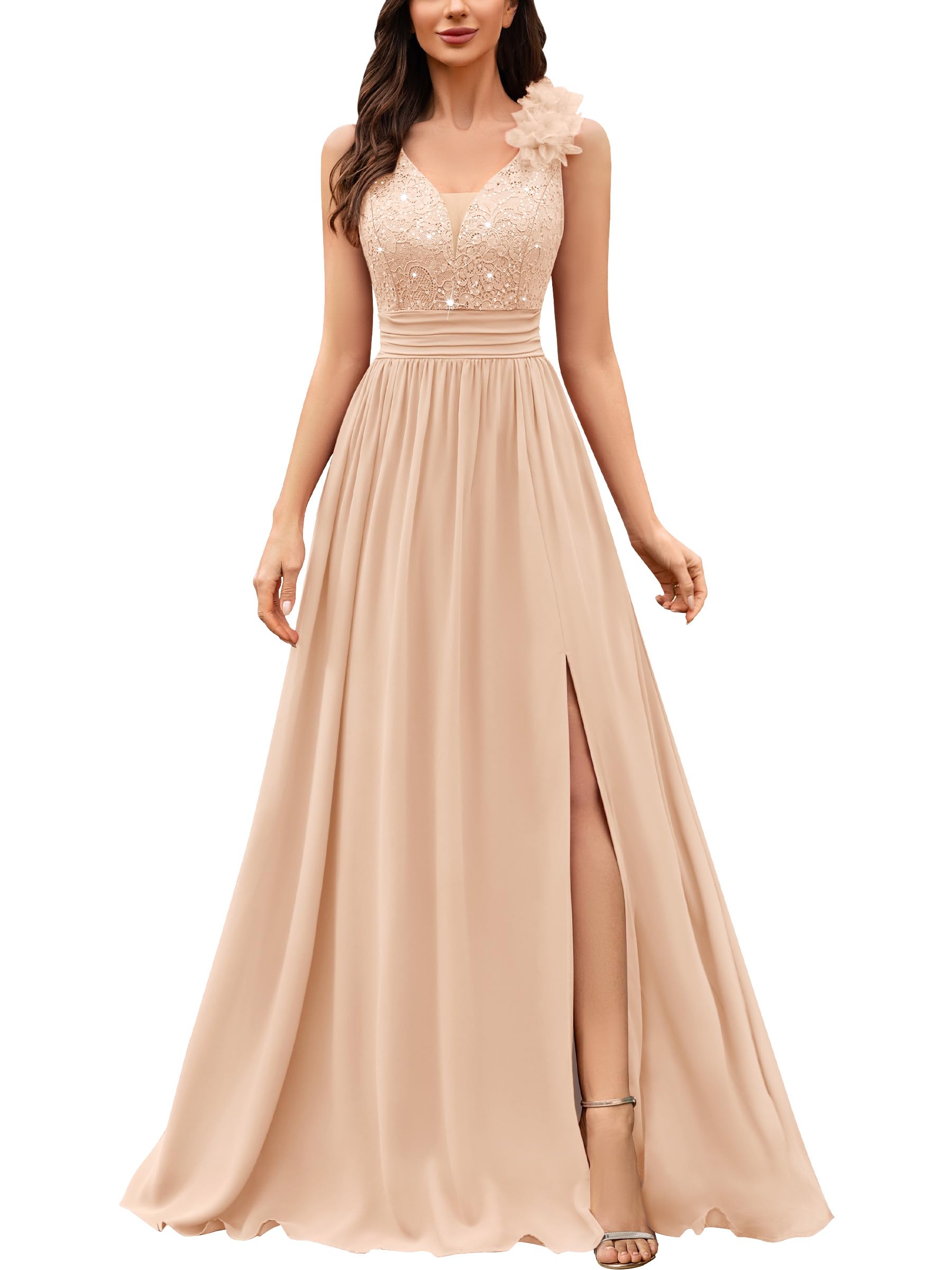 Miusol Women's Vintage V-Neck Sleeveless Sequined Split Formal Evening Maxi Dress (Small, Champagne)
