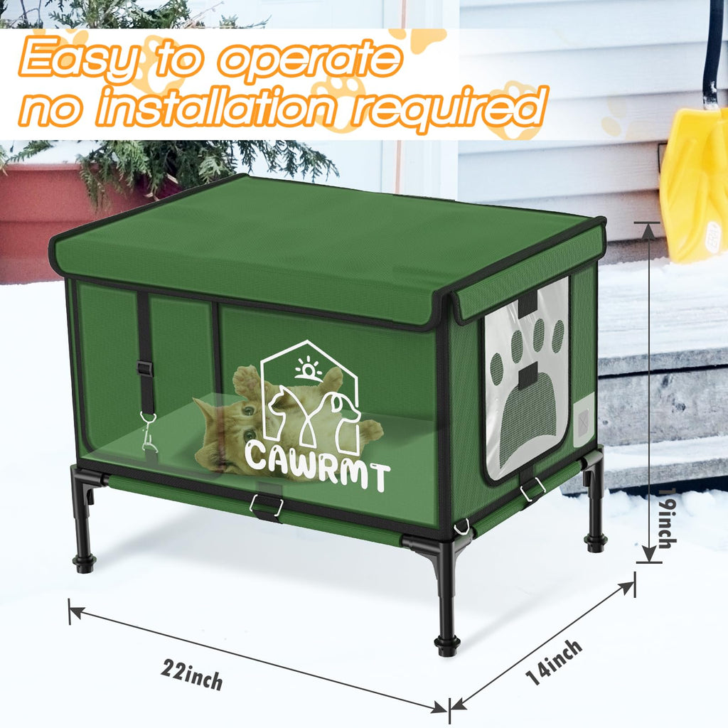 Outdoor Cat House, Waterproof Heated Elevated Cat House for Outside with a Heating Pad, Protect Stray Animal from Rain Snow Hailstone Easy Assembly (Green, Large-21.65 * 13.77 * 18.7)