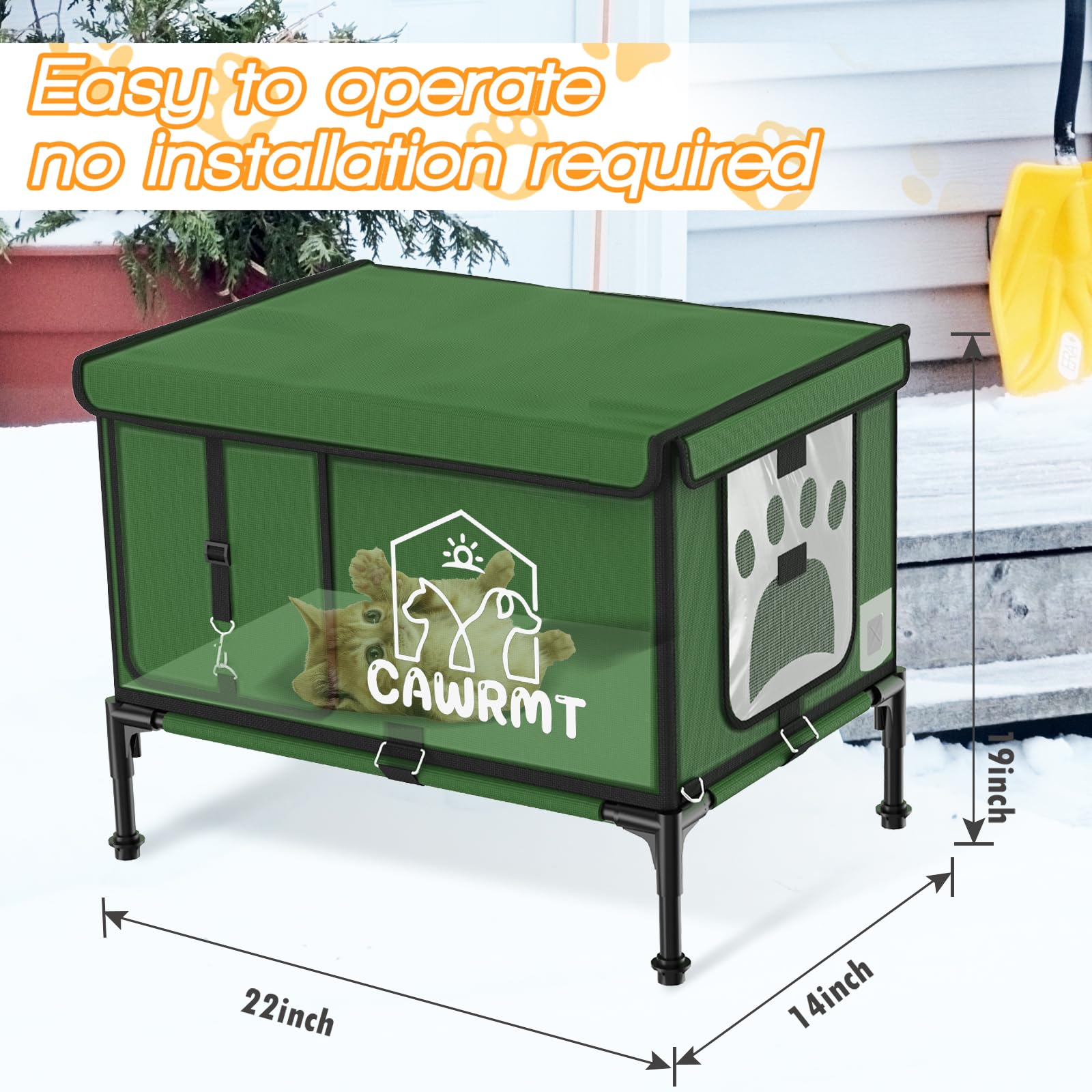 Outdoor Cat House, Waterproof Heated Elevated Cat House for Outside with a Heating Pad, Protect Stray Animal from Rain Snow Hailstone Easy Assembly (Green, Large-21.65 * 13.77 * 18.7)