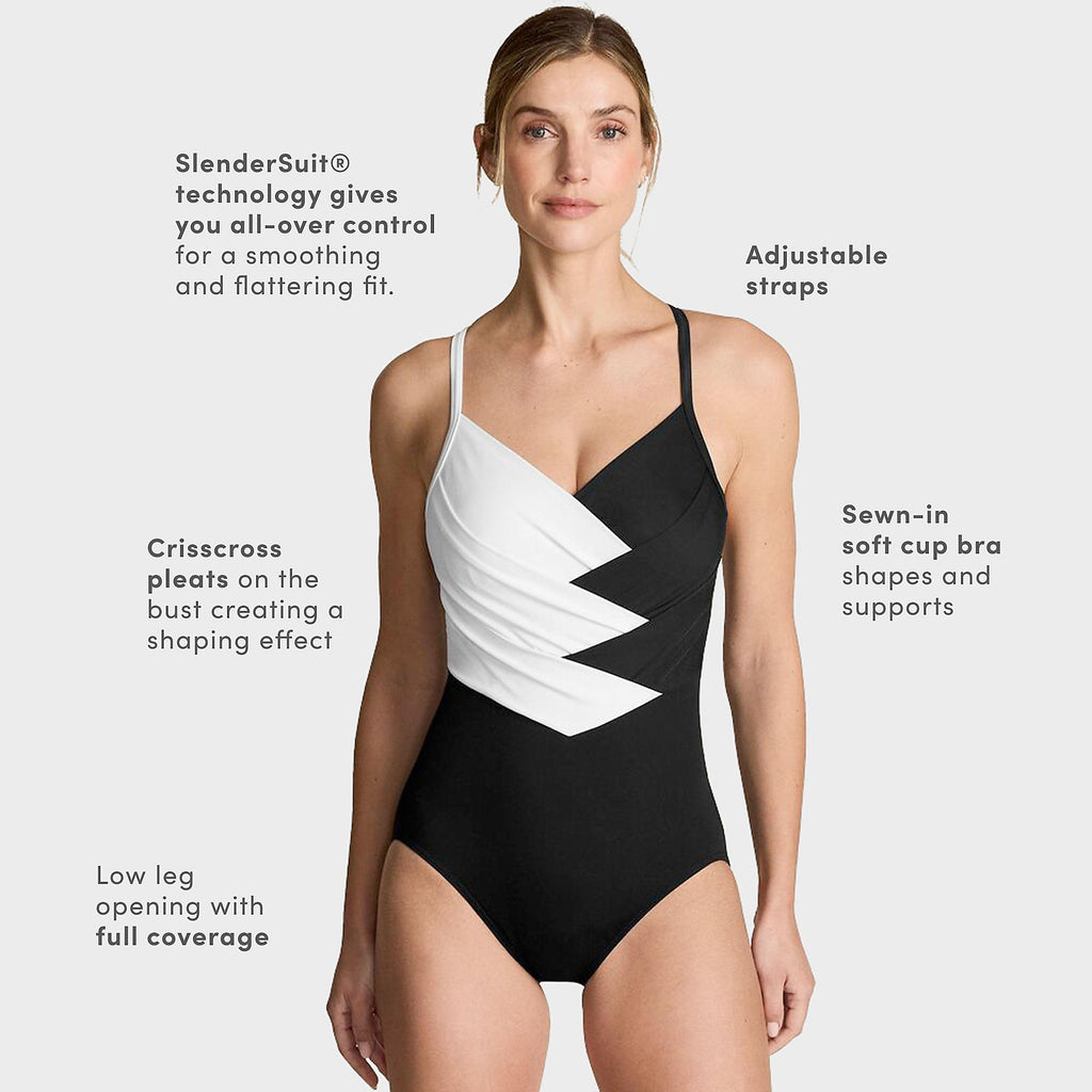 Lands' End Women's New SlenderSuit Pleated Low Leg One Piece Swimsuit 10 Black/White