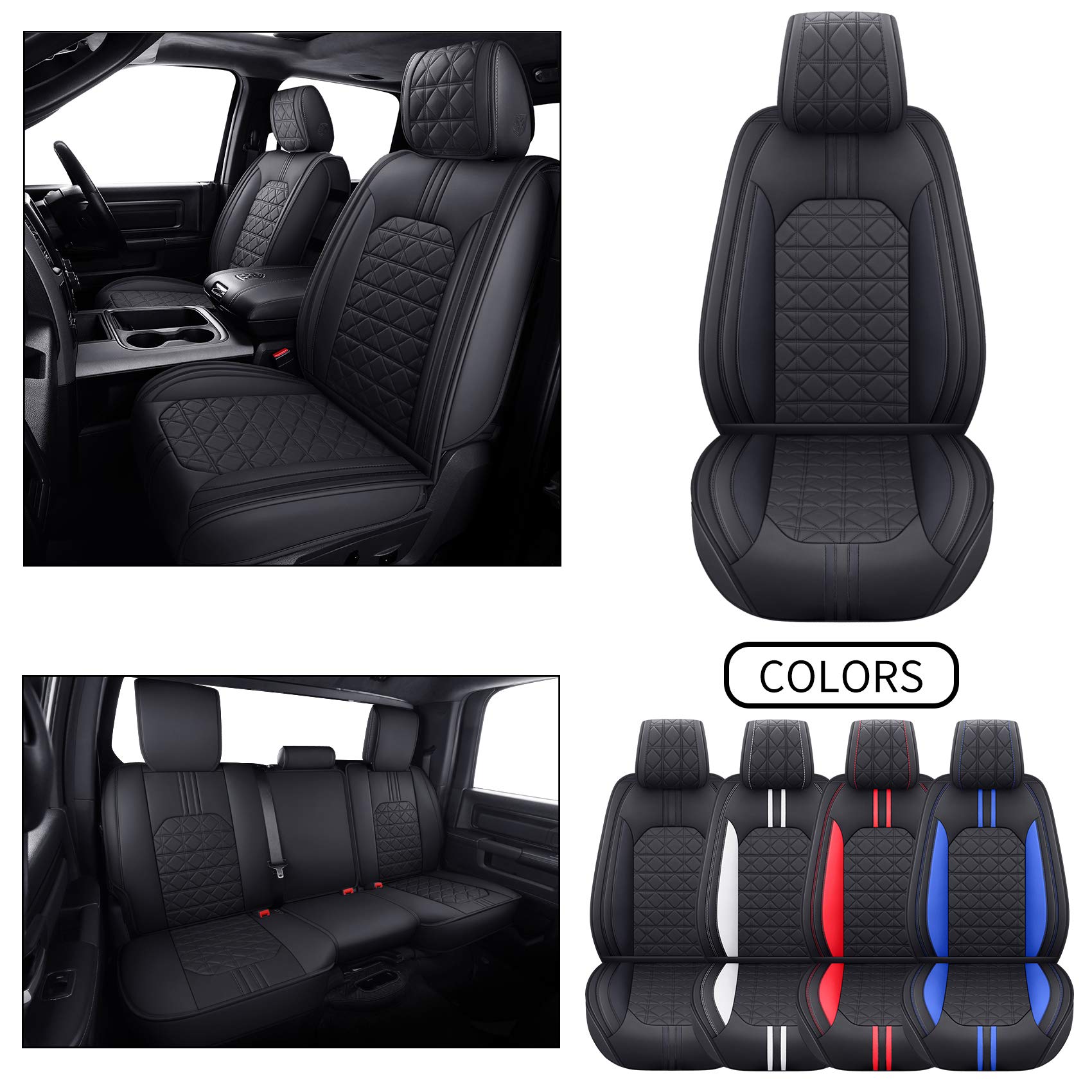 YIERTAI Dodge RAM Seat Covers Fit for 2009-2025 2026 1500HD 2010-2026 2500/3500HD Truck Full Set Crew Double Cab Quad Cab Waterproof Faux Leather Seat Covers(5 PCS Full Set/Black)