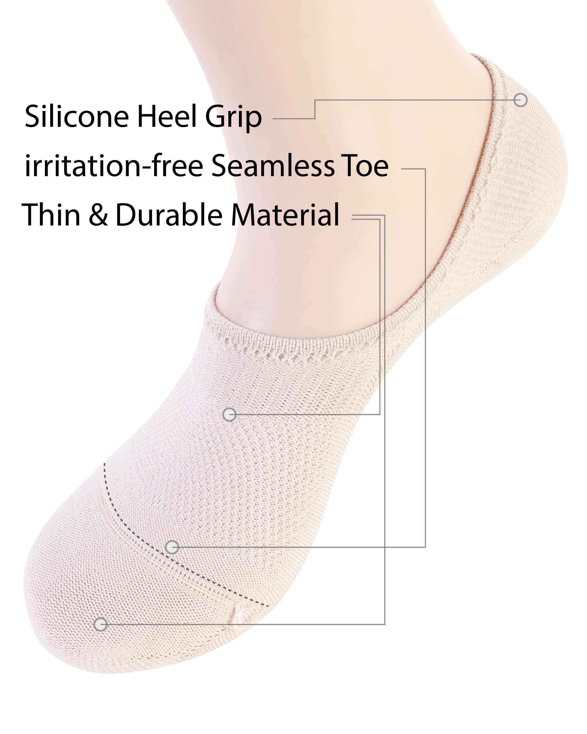 Pro Mountain Thin No Show Socks Women Seamless Wide Toe Box For Health Size S Beige 6 Pack Liner Thin Footies Casual Sneakers Loafer Flats US Shoe 6-8
