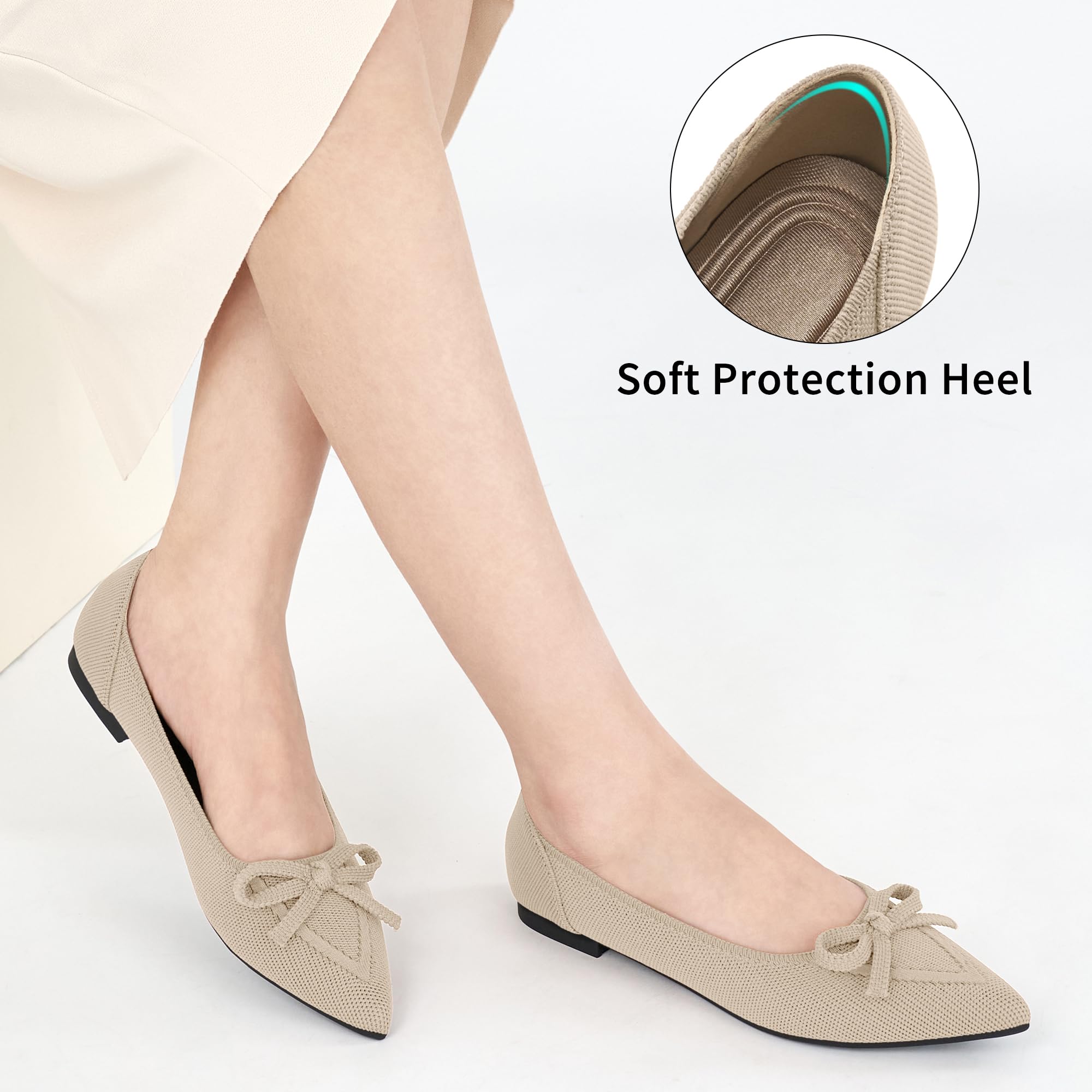 Ablanczoom Ballet Flats Shoes for Women: Dressy Pointed Toe Bow Knit Flats Comfortable Slip On Work Business Casual Shoes Beige