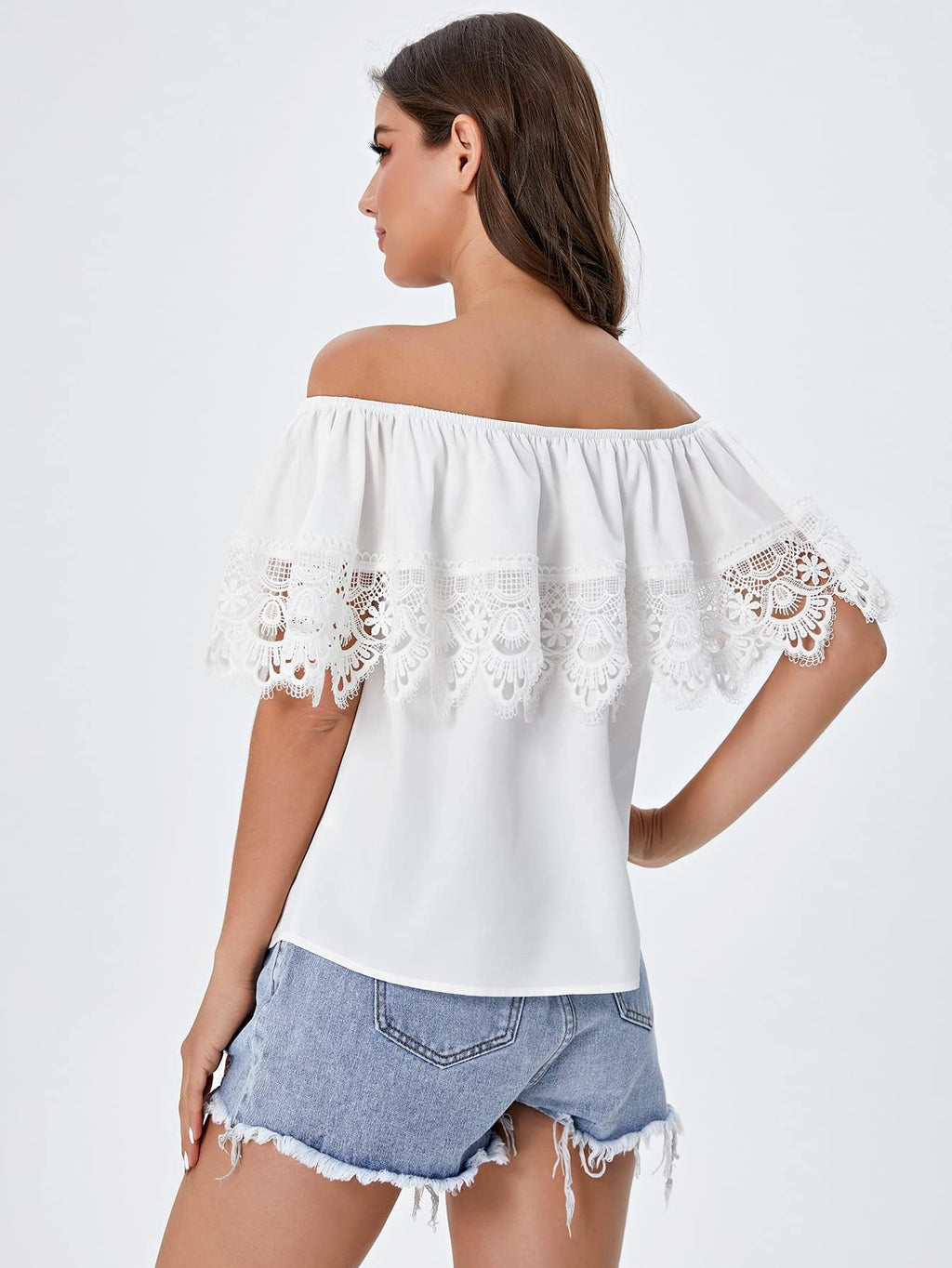 WDIRARA Women's Off the Shoulder Ruffle Trim Short Sleeve Lace Blouse Casual Tops Beige S