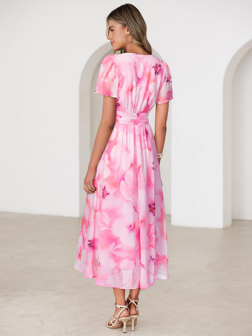 Simplee Women Floral Summer Maxi Dress Boho Flowy Casual Chiffon Short Sleeves V Neck Long Wedding Guest Dresses Pink White Floral M