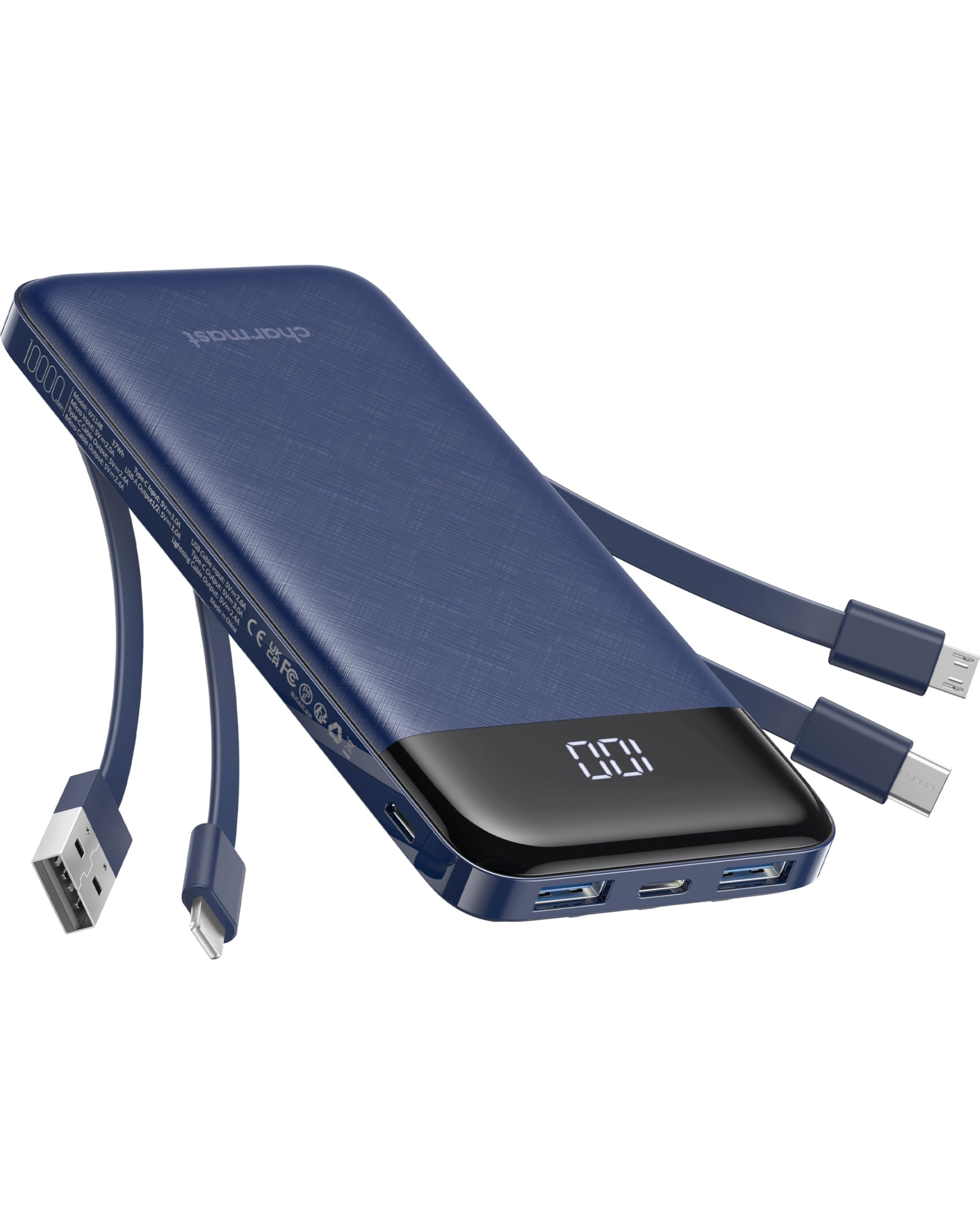 charmast Portable Charger with Built in Cables, Power Bank with Cords Wires, Slim 10000mAh Travel Battery Pack 6 Outputs 3 Inputs 3A Fast Charging for Samsung Google Pixel LG Moto iPhone iPad