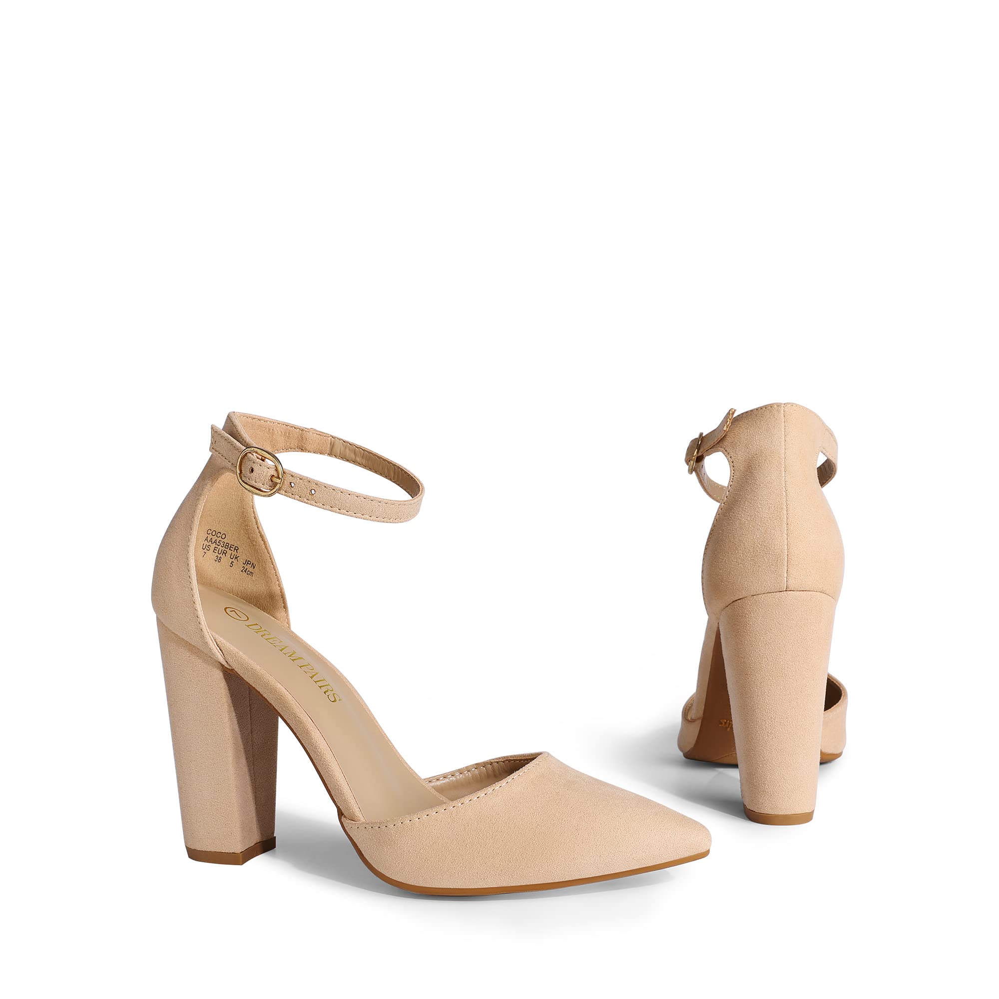 DREAM PAIRS Women's Coco High Heels Chunky Block Pumps Pointed Closed Toe Ankle Strap Dress Shoes,Size 10,Nude/Suede,Coco