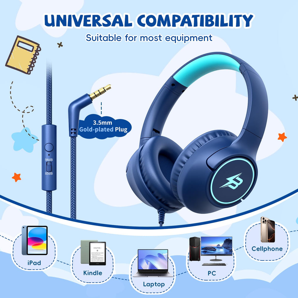 Kids Headphones Wired for School, 85/94dB Volume Limit, Wired Over Ear Headphones for Kids Boys Girls with Microphone, Stereo Sound 3.5mm Cord for Kindle Tablet Airplane Travel, Navy Blue