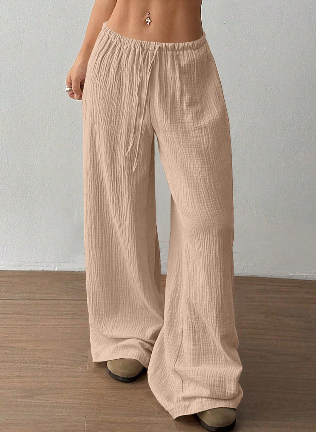 Acelitt Women’s Wide Leg Palazzo Pants Drawstring Elastic Waist Casual Loose Lounge Pants Beach Trousers Teacher Outfits for Women Light French Beige Small