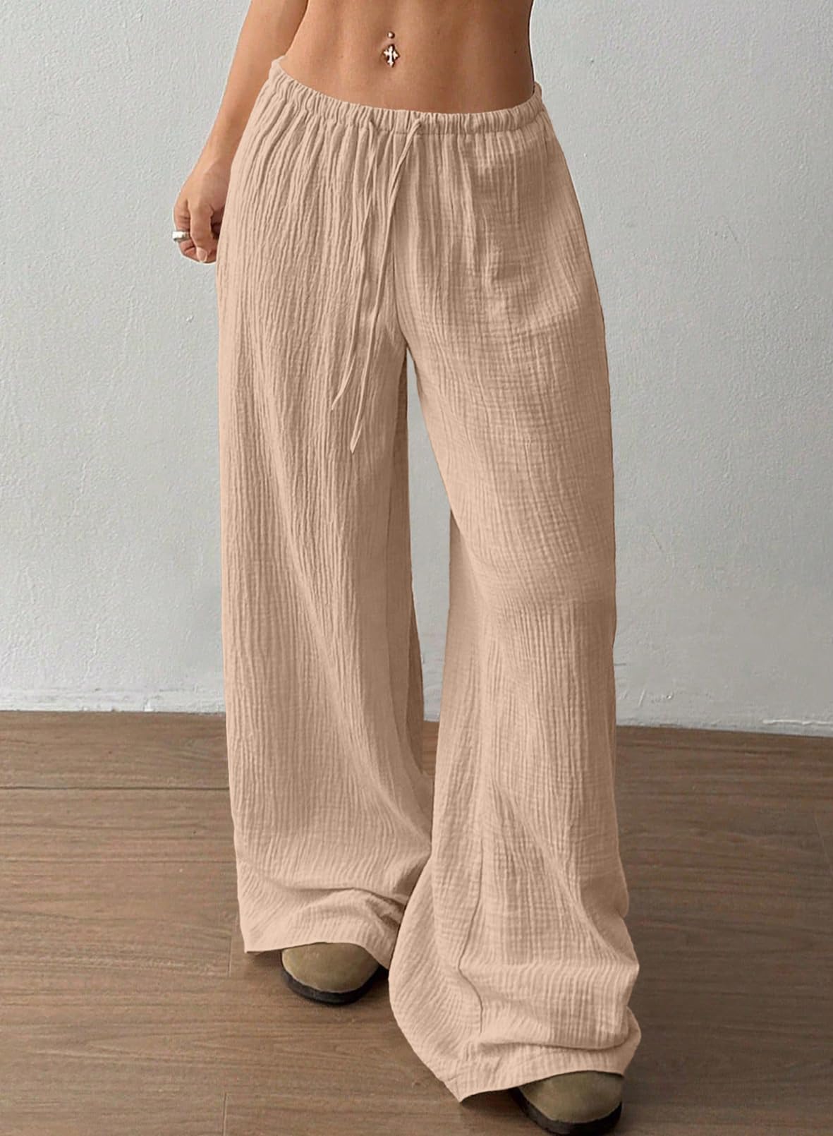 Acelitt Women’s Wide Leg Palazzo Pants Drawstring Elastic Waist Casual Loose Lounge Pants Beach Trousers Teacher Outfits for Women Light French Beige Small