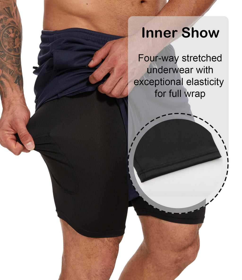 Kinglaman 4 Pack Mens 2 in 1 Running Workout Shorts with Liner, Gym Athletic Quick Dry Sport Shorts with Pockets 2 Black 1 Blue 1 Gray Large