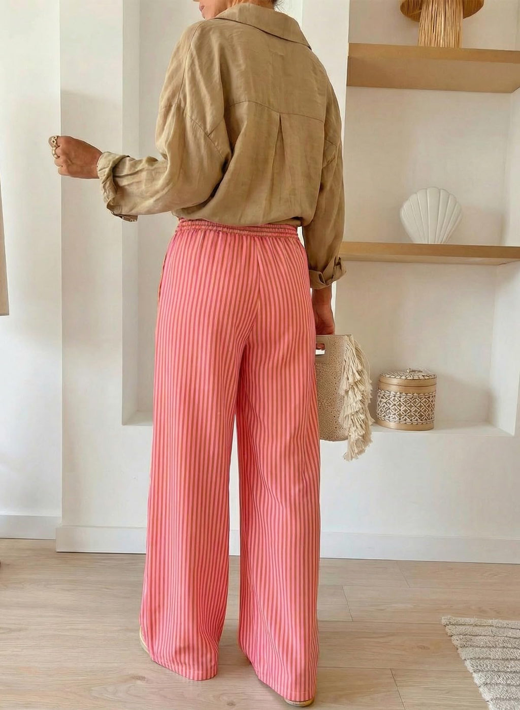 Acelitt Women Casual Striped Loose Wide Leg Pants Drawstring Elastic High Waisted 2026 Fall Fashion Relaxed Fit Beach Pants Trousers Orange Large