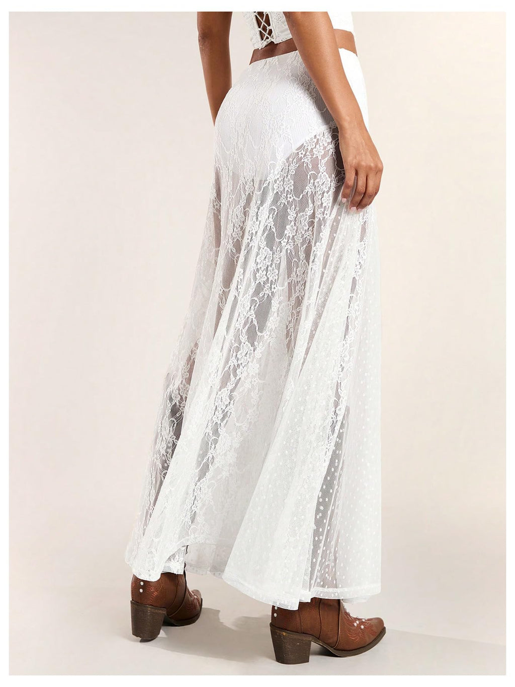 WDIRARA Women's Sexy See Through Sheer Lace Maxi Skirt Low Waist Ruffle Hem A Line Flowy Skirt White X-Small