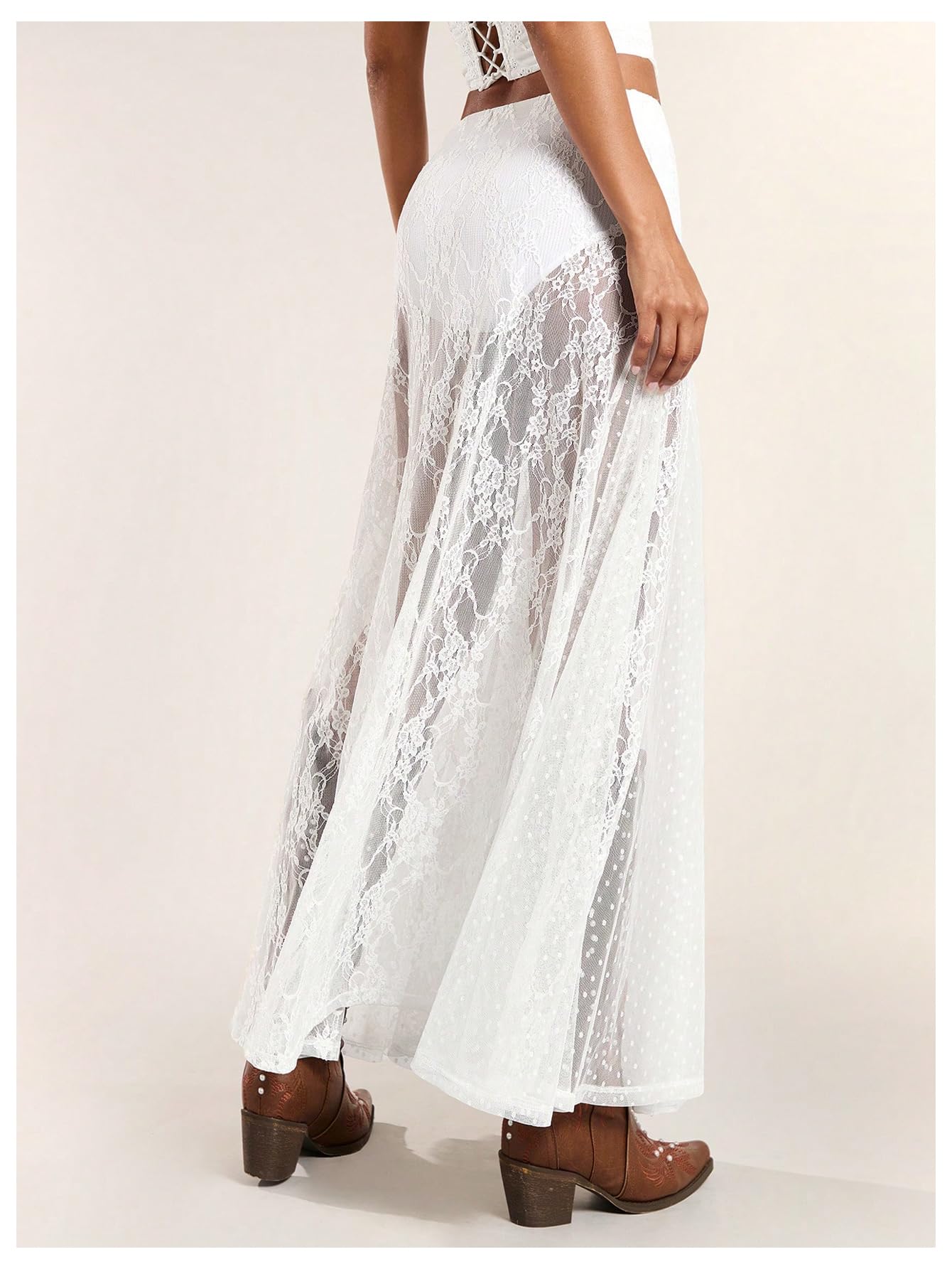 WDIRARA Women's Sexy See Through Sheer Lace Maxi Skirt Low Waist Ruffle Hem A Line Flowy Skirt White X-Small