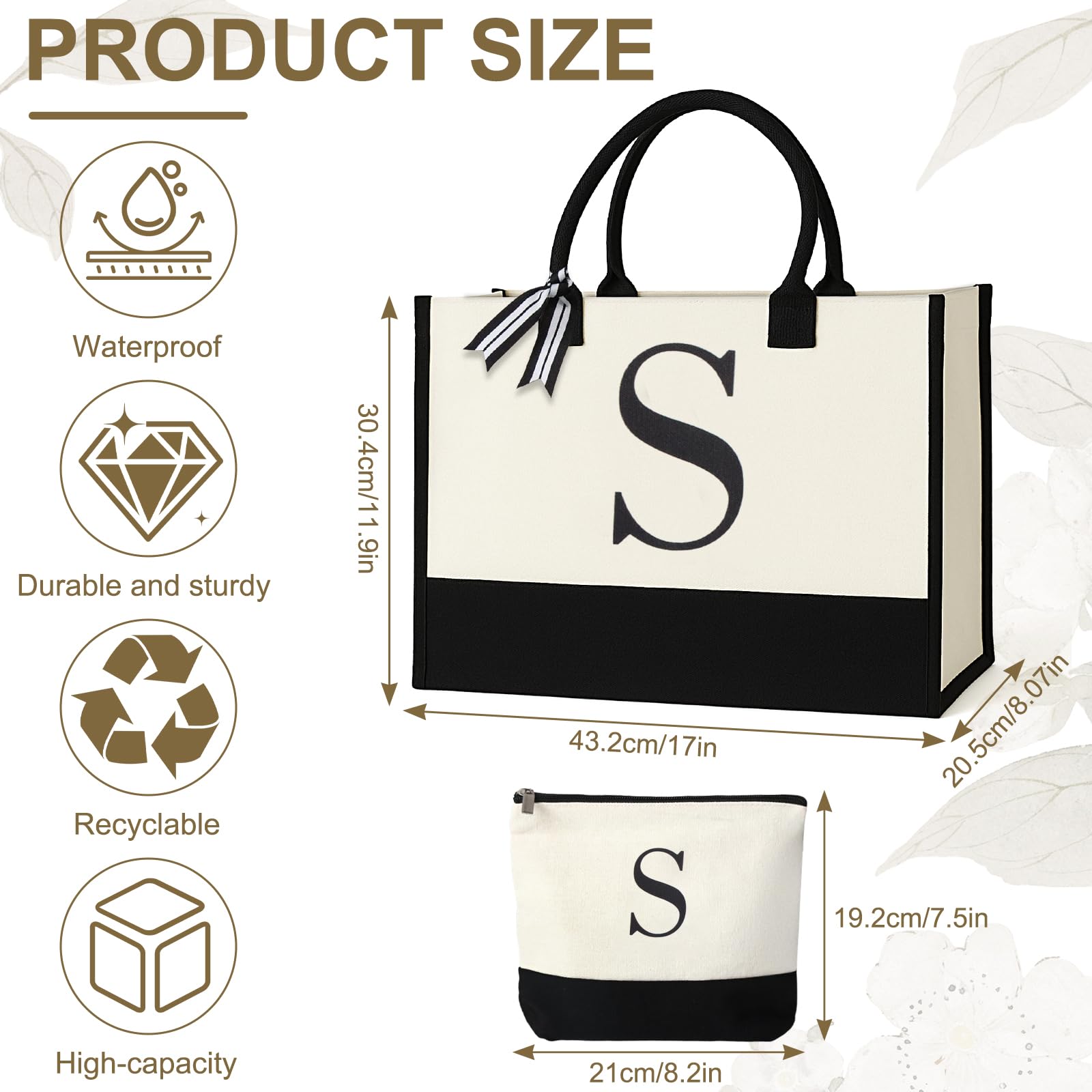 GENGBIN Personalized Canvas Tote Bag, Monogrammed Gift with Zipper Pouch for Women (S - with Cardboard Insert)