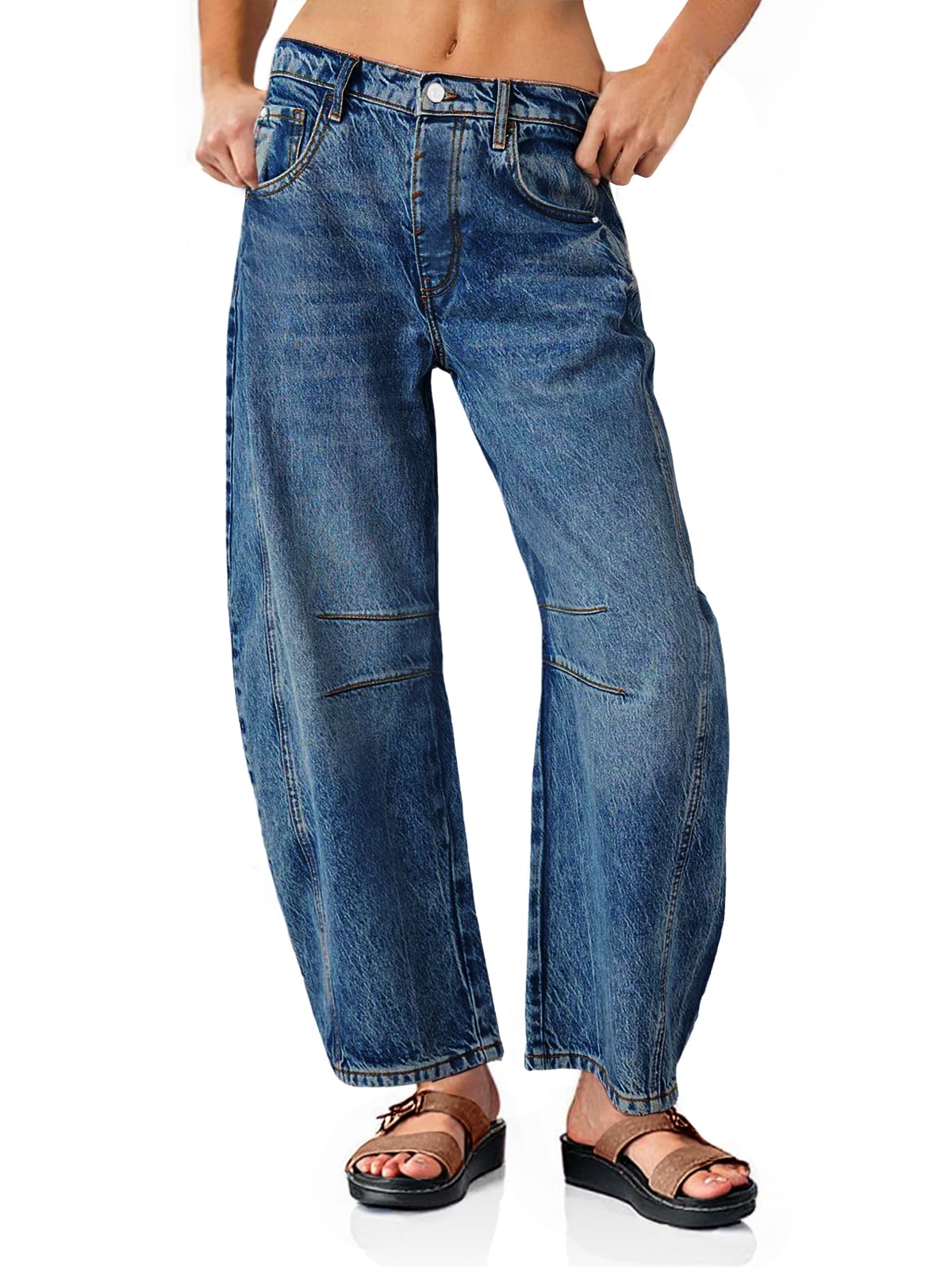 PLNOTME Women's Baggy Boyfriend Jeans Vintage Wide Leg Mid Rise Barrel Denim Ankle Pants