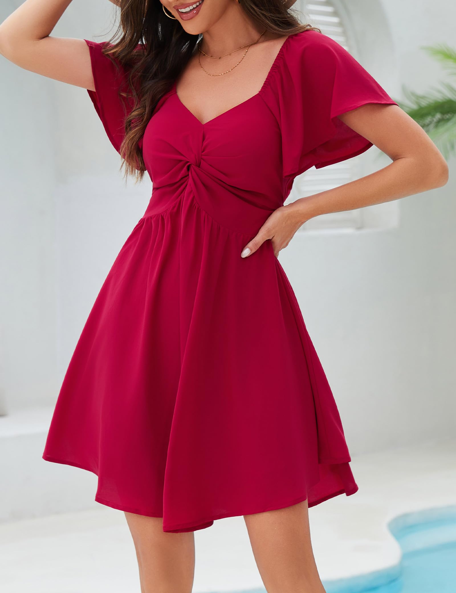 Florboom Women's Summer Square Neck Flowy Mini Dress Chiffon Short Sleeve Swing Sexy Backless Dresses (Red, S)