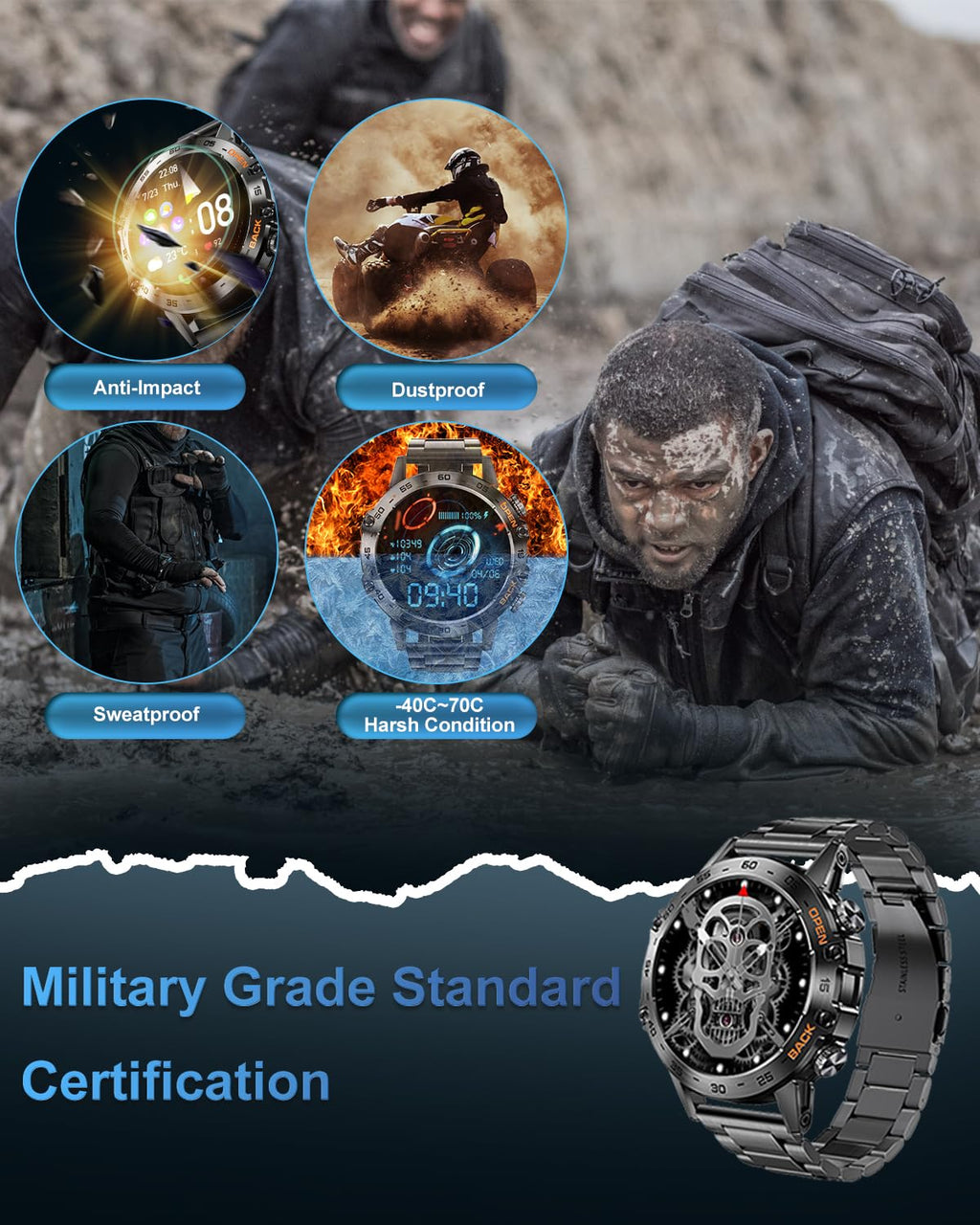 PODOEIL Military Smart Watches for Men(Answer/Make Call), Tactical Smartwatch for Android iOS, 400mAh Battery/Sports Tracking/Health/Sleep Monitoring