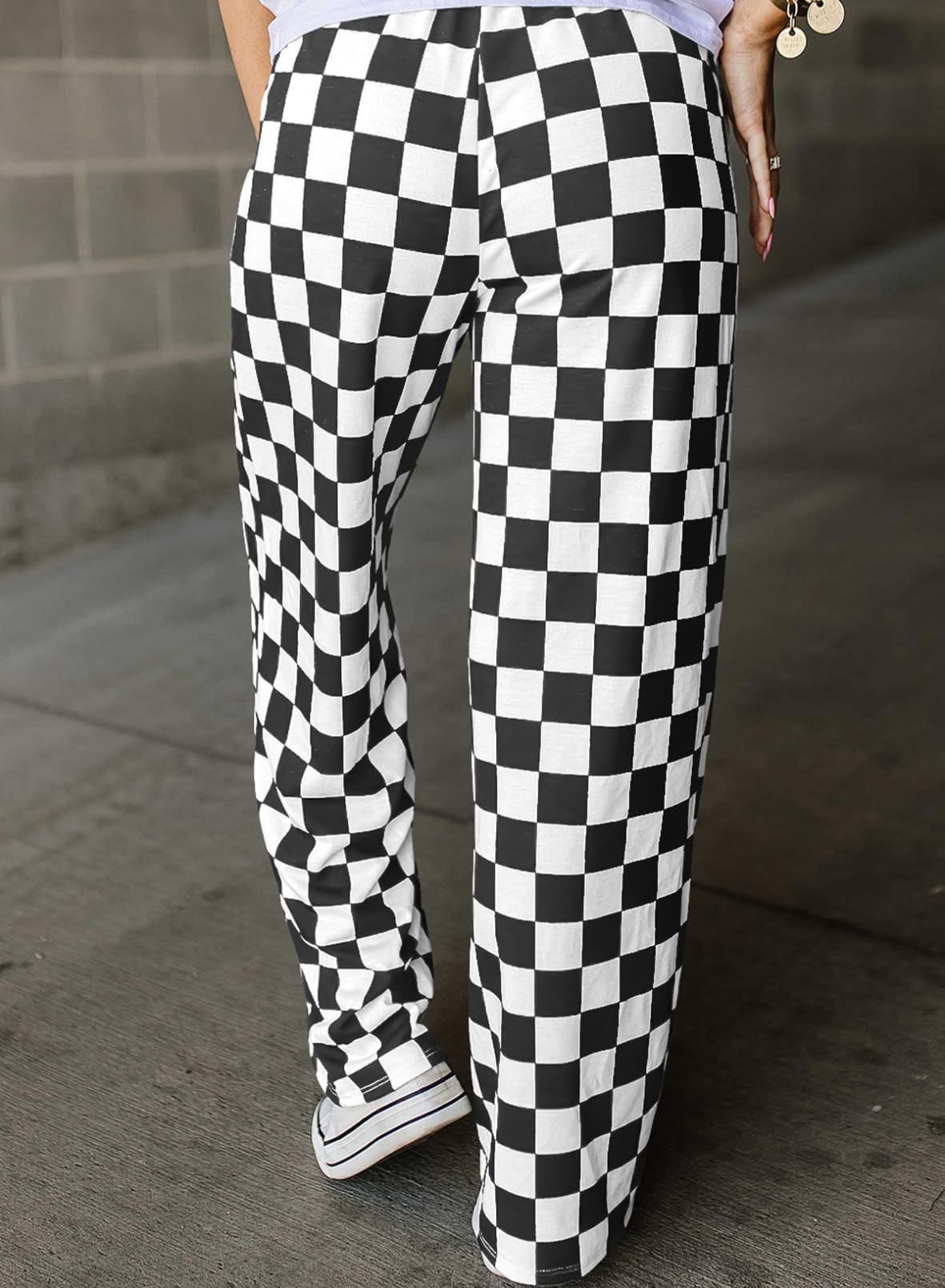 Acelitt Women's Casual Checkered Pants 2026 Spring Summer Lightweight Elastic Waist Comfy Loose Wide Leg Plaid Beach Pants Trousers Vacation Outfits Black Small