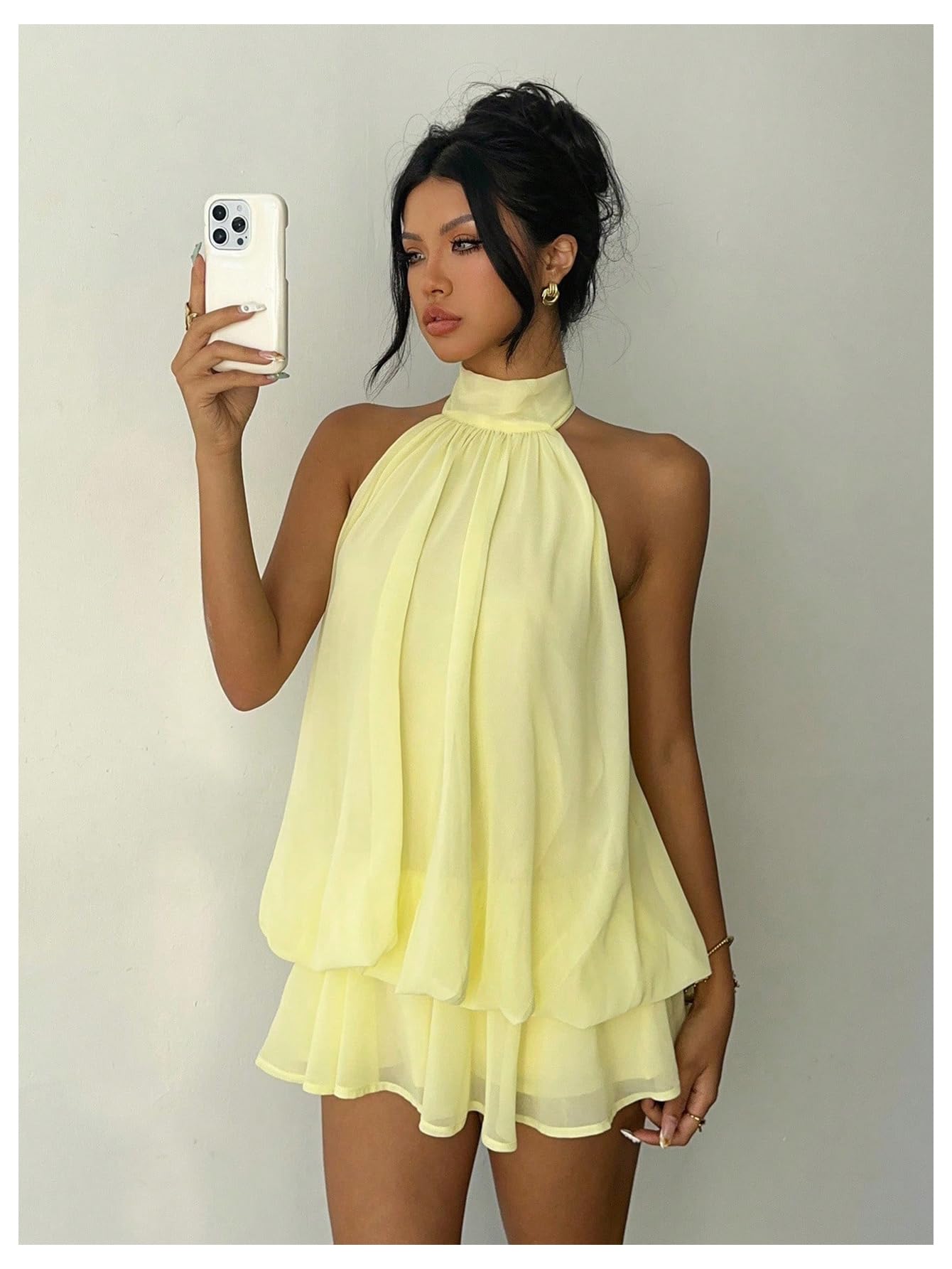 Verdusa Women's Chiffon Halter Drop Waist Wedding Guest Dresses Ruffle Summer Mini Dress Brunch Outfits Butter Yellow X-Small