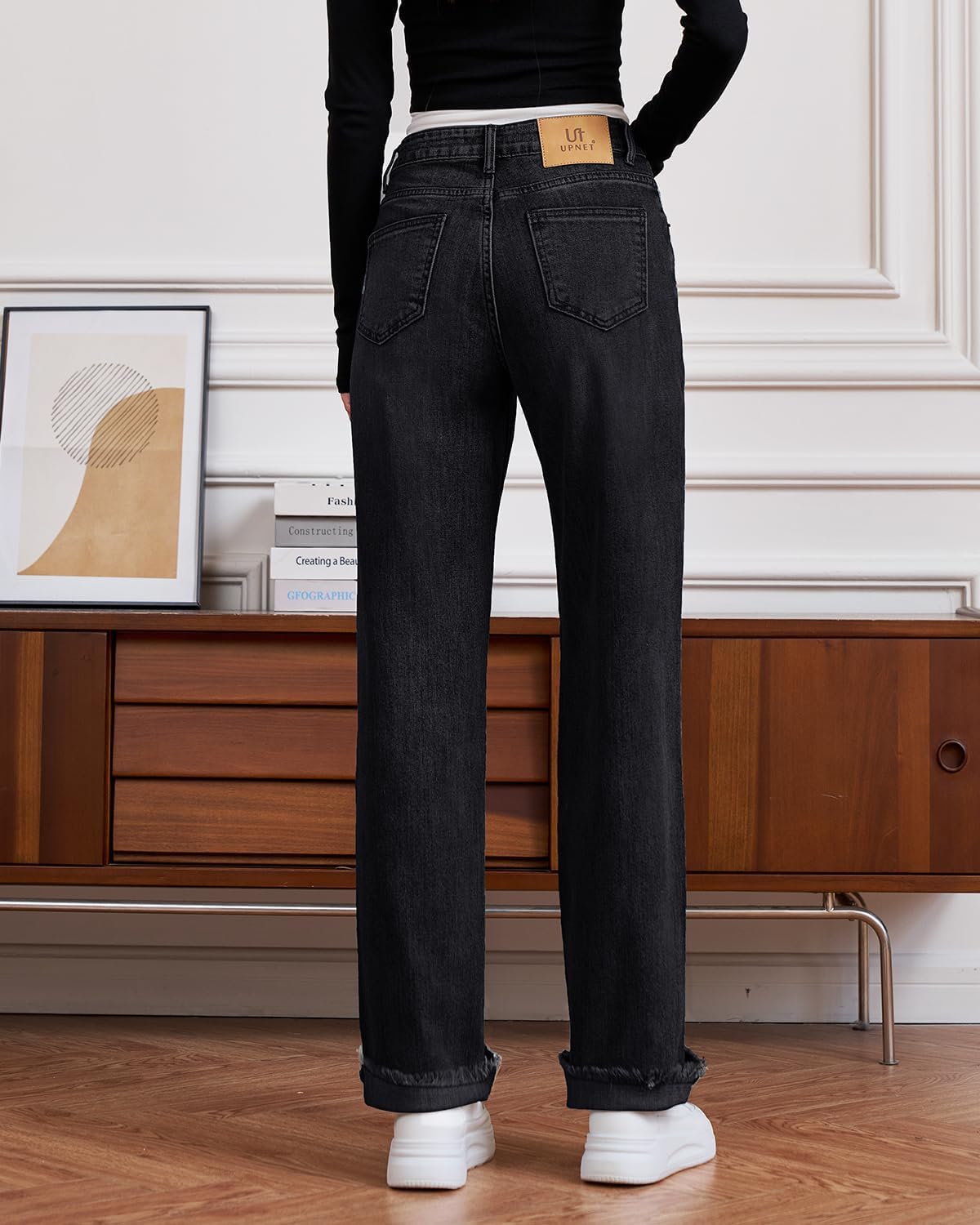 UPNET Womens High Waisted Jeans Stretchy Straight Leg Loose Fit Tummy Control Raw Hem Denim Pants Trendy 2025 Fashion (US, Numeric, 2, Regular, Short, Black)