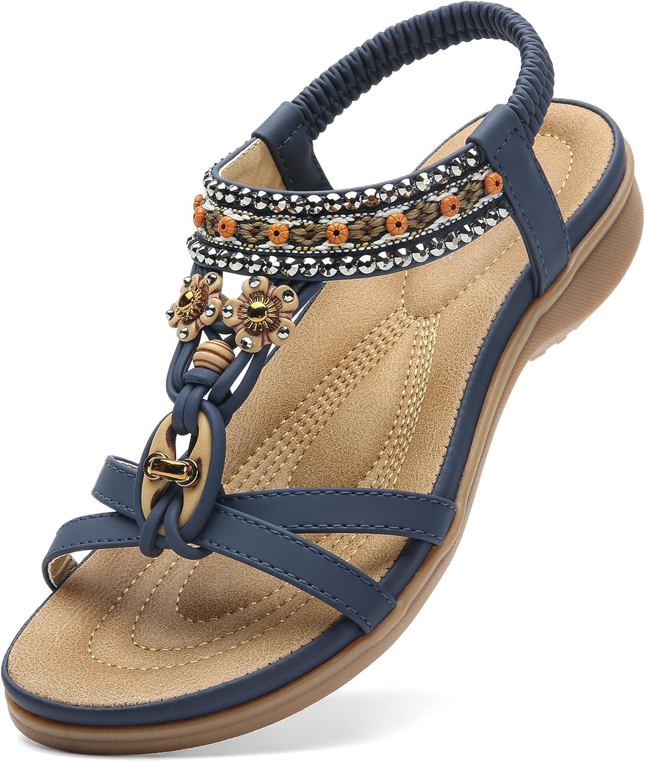 Littleplum Womens Sandals Arch Support Bohemian T-Strap Flower Rhinestone Sandals Women's Non Slip Summer Beach Flat Sandals Blue Size 8
