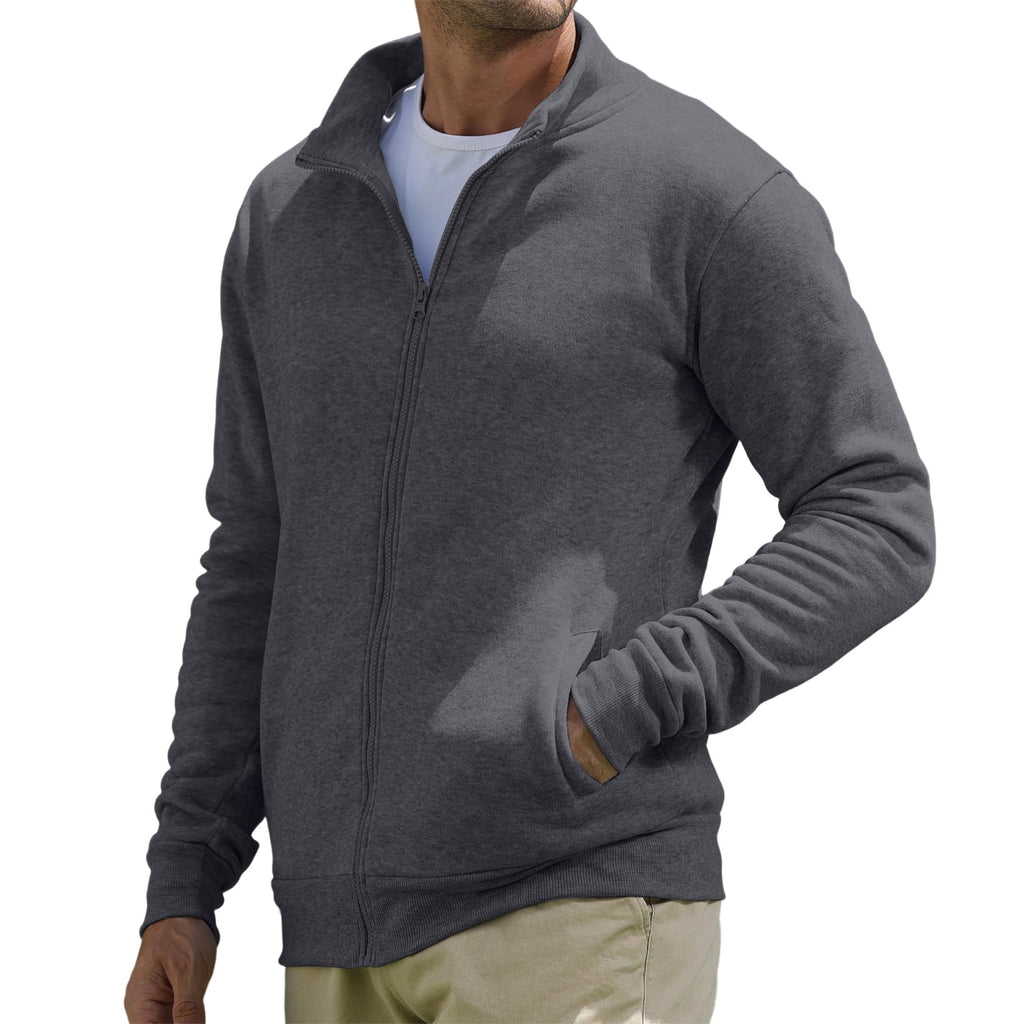 BRAPRO Men's Full-Zip Sweatshirt No Hood Hoodies Stand Collar Cardigan Pockets Jacket Casual & Active Loose Cotton Fleece Darkgrey M
