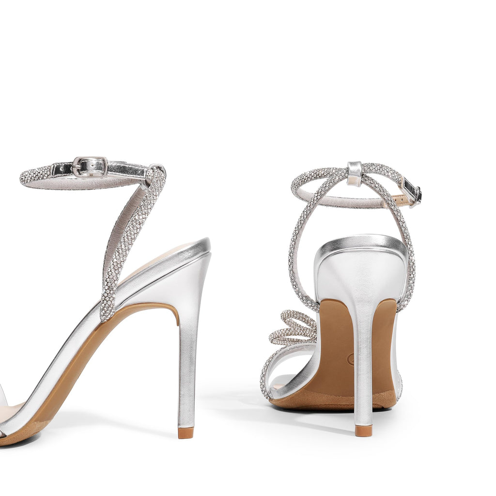 DREAM PAIRS Women's Double Bowknots Crystal Sandals Clear Slingback Heels Square Toe Shoes for Party Wedding Brielle,Size 10,Silver,SDHS2389W