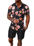 GORGLITTER Men's Vacation Beach Cruise Summer Outfits 2 Piece Shorts Set Hawaiian Button Down Shirt and Shorts Black Multi Large