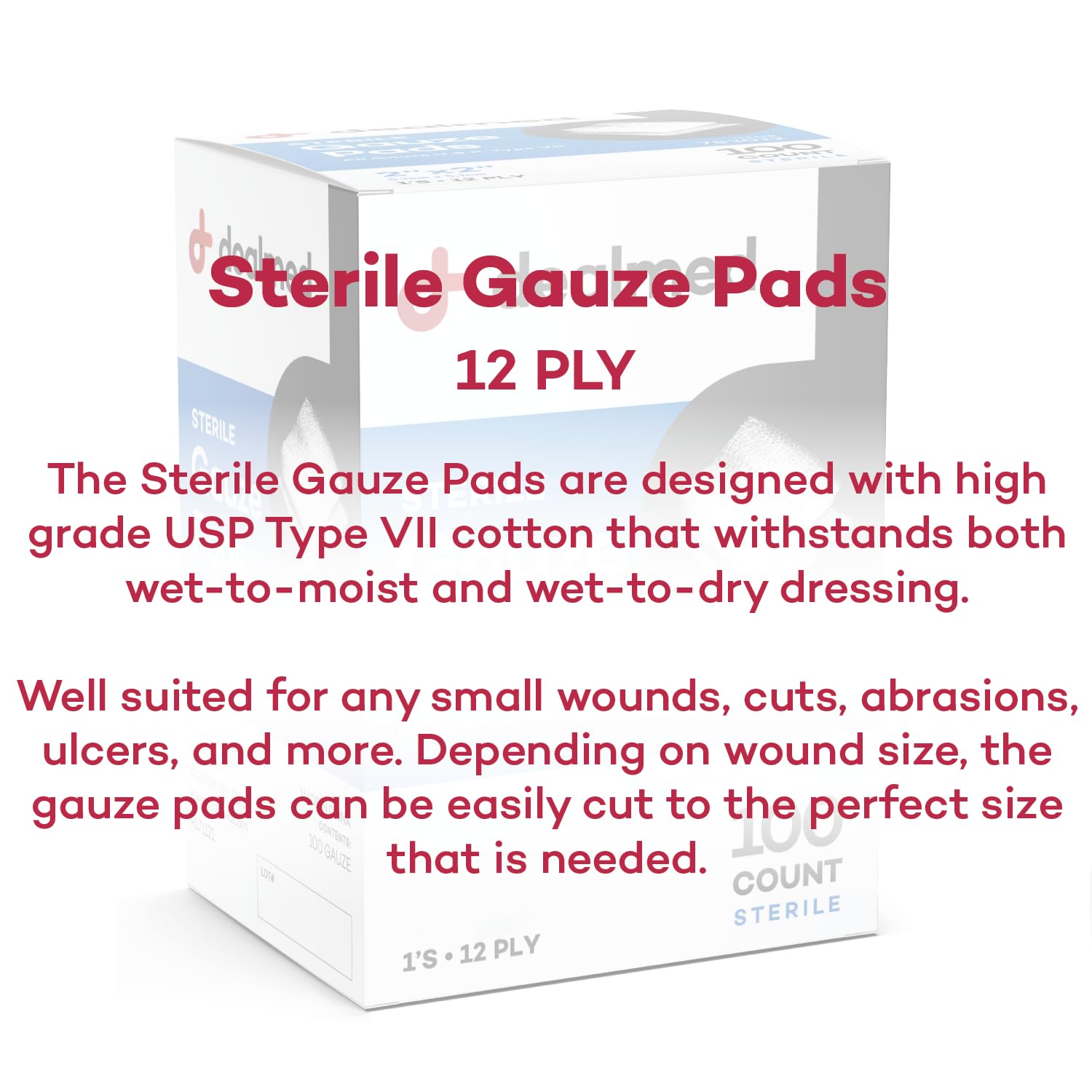 Dealmed 3’’ x 3’’ Sterile Gauze Pads (100 Count) Disposable and Individually Wrapped Medical Gauze Pads, Wound Care Product for First Aid Kit and Medical Facilities (Pack of 1)