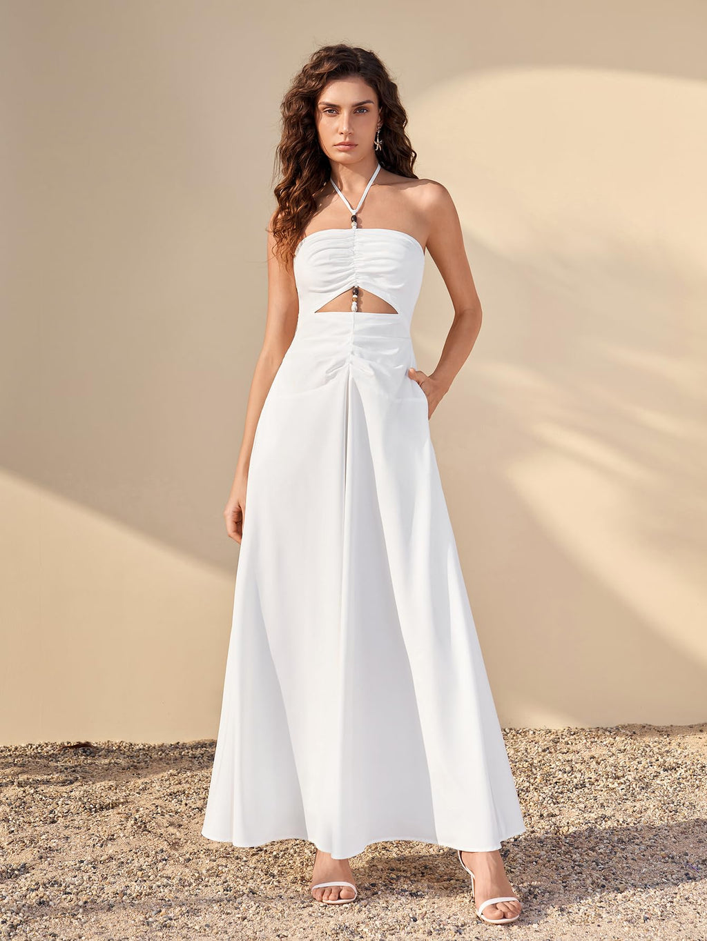 HTZMO Women Floral Maxi Sundress Beads Boho Summer Halter Tie Cut Out Beach Vacation Casual Long Dresses with Pockets White L