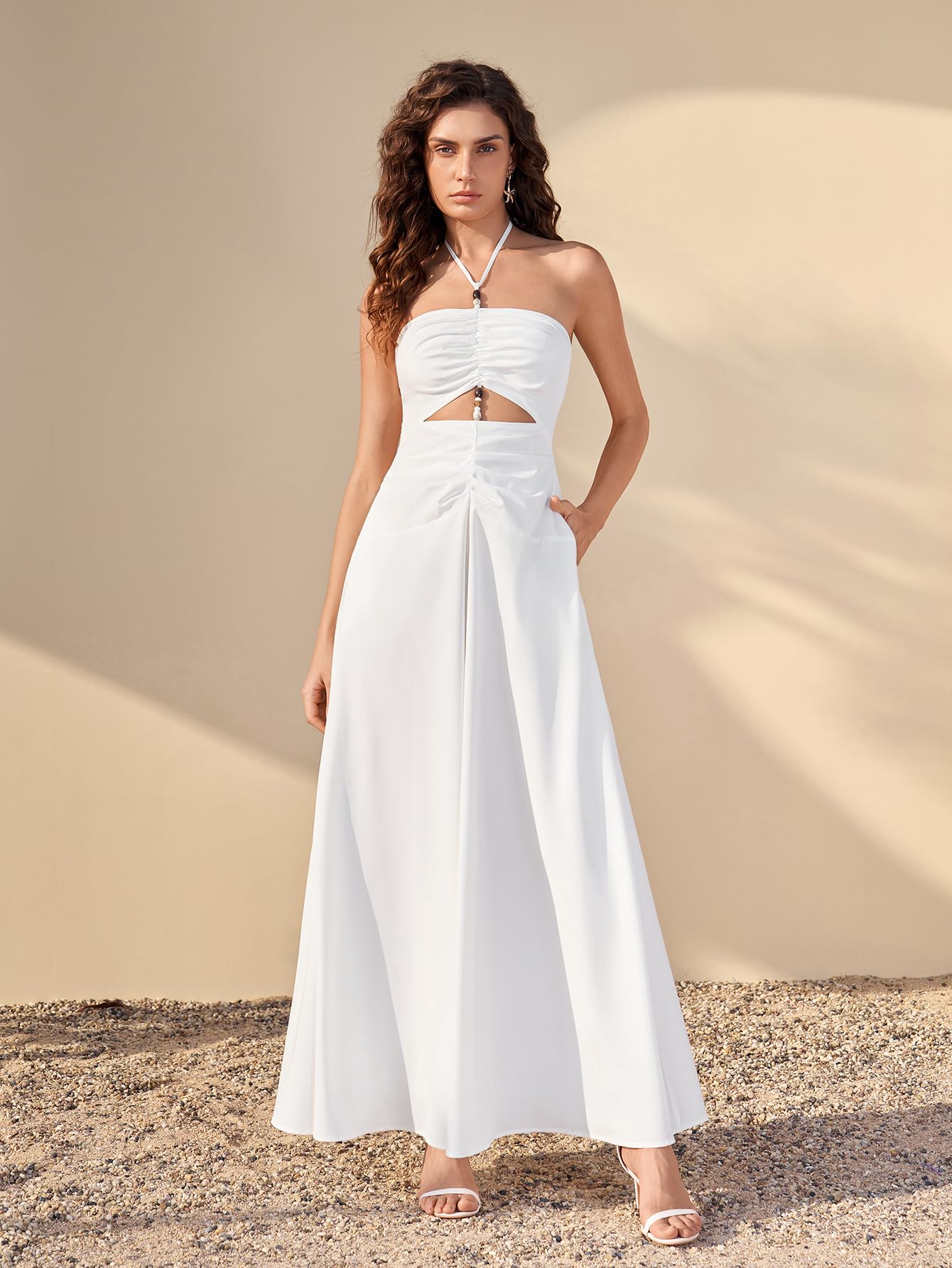HTZMO Women Floral Maxi Sundress Beads Boho Summer Halter Tie Cut Out Beach Vacation Casual Long Dresses with Pockets White L