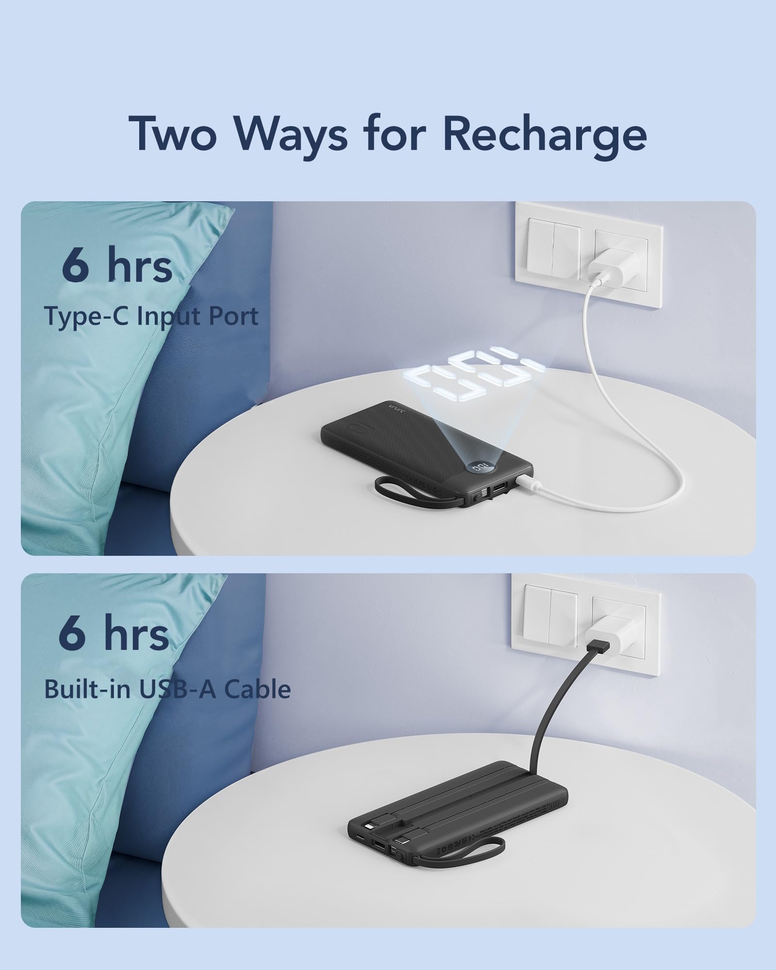 VRURC Portable Charger, Built-in 4 Cables Slim Power Bank 10000mAh, USB C Charging Bank with LED Display, Compact Travel Battery Pack for iPhone 17 16 15 14 13, Samsung, Android-Black(1 Pack)