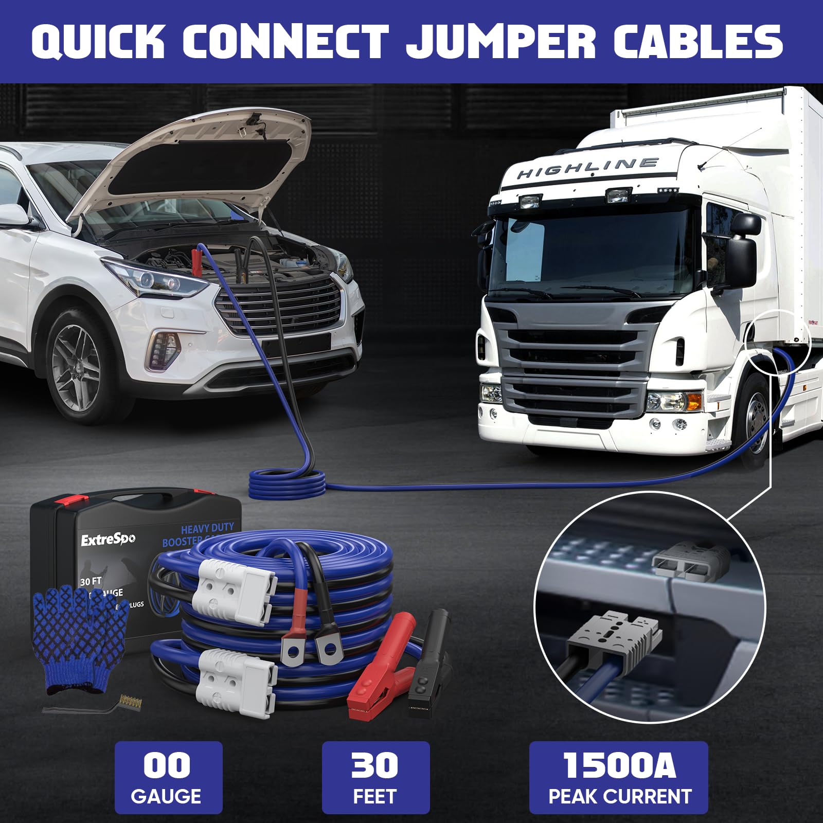 EXTRESPO 2/0 Gauge 30 FT Heavy Duty Jumper Cables, 1500Amp Quick Connect Booster Cables for 12V & 24V Cars, SUVs and Trucks, Kit with Carry Case, Gloves, Brushes
