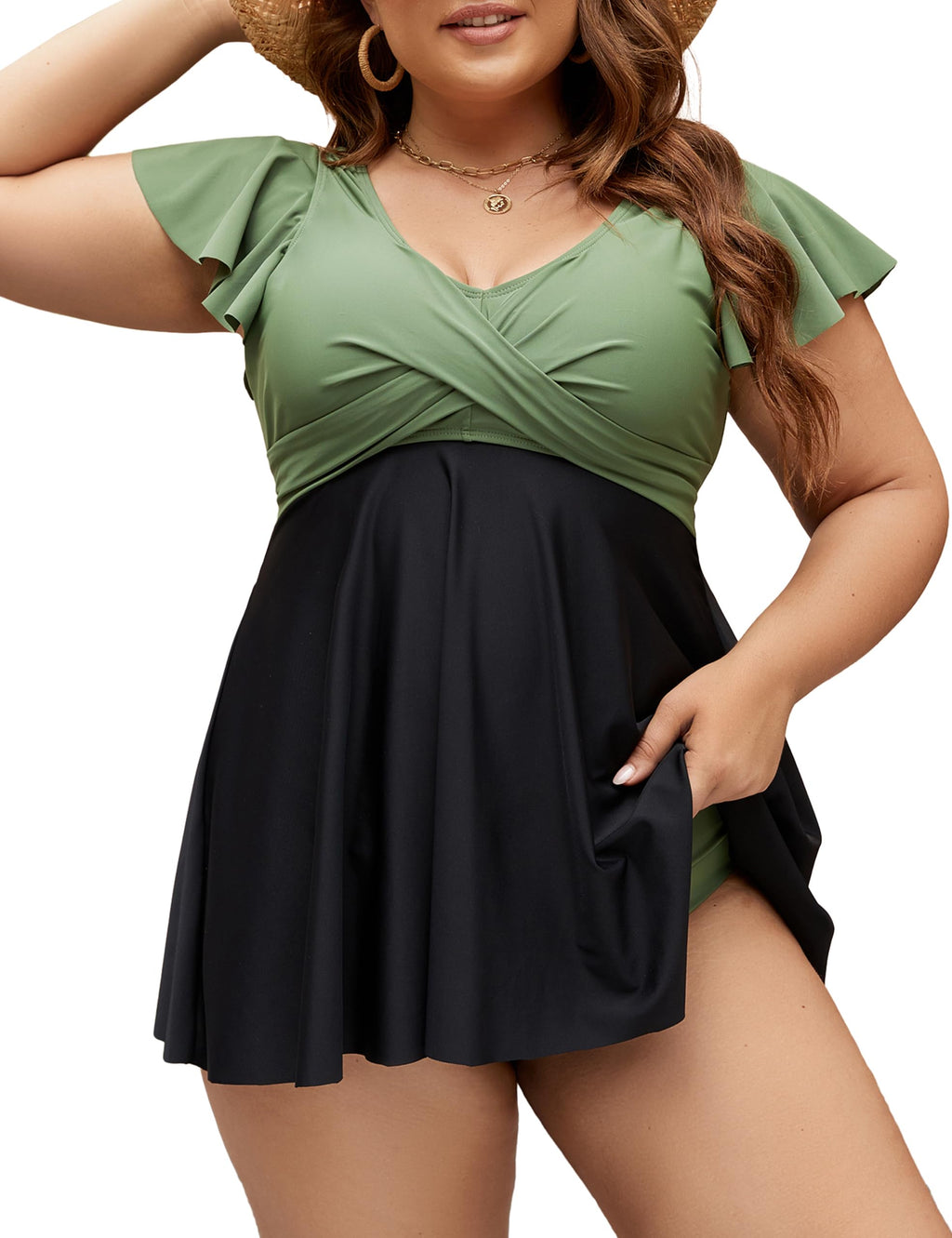 Edelqual Women's Plus Size Tankini Swimsuits Swim Dress Tummy Control Bathing Suits Two Piece Full Coverage High Waisted Modest Curvy Swimwear 2025(Army Green and Black,2XL)