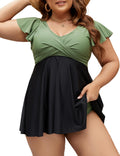 Edelqual Women's Plus Size Tankini Swimsuits Swim Dress Tummy Control Bathing Suits Two Piece Full Coverage High Waisted Modest Curvy Swimwear 2025(Army Green and Black,2XL)