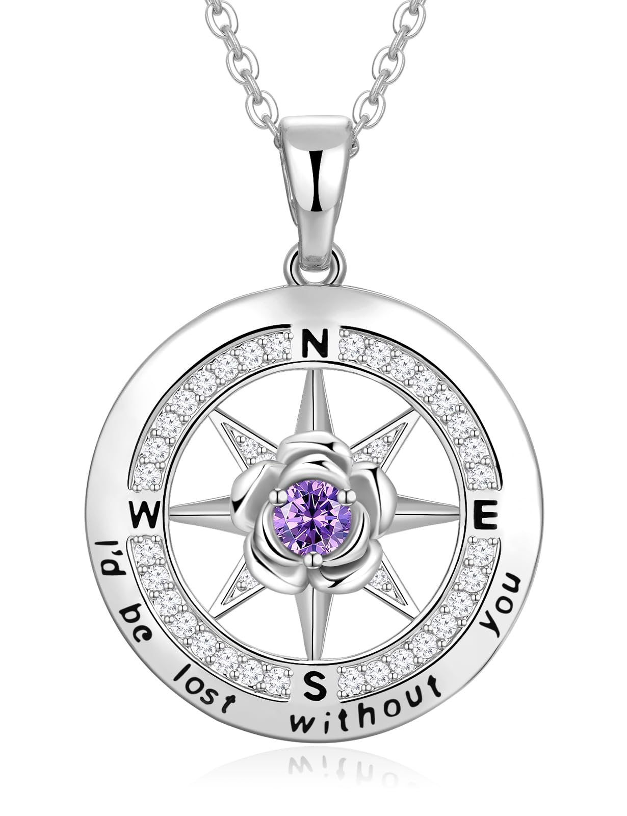 Meeshi Compass Necklace for Women Necklaces for Wife Birthday Gift for Wife for Gifts for Anniversary for Her Amethyst Necklace[Feb-Amethyst-S]