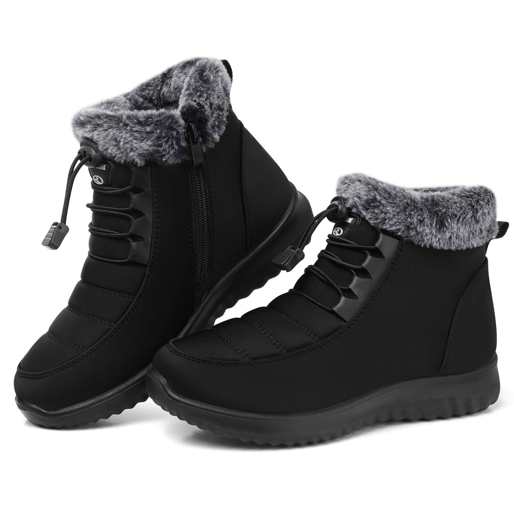 SHIBEVER Winter Boots for Women Snow: Black Fur Lined Warm Ankle Boots - Cold Weather Water Resistant Outdoor Zipper Snow Shoes Size 9