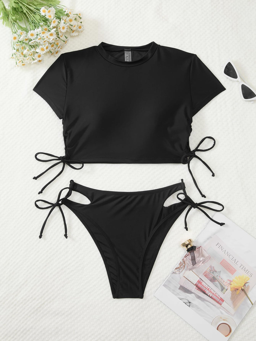 Lilosy Petite Drawstring Bikini Set Srting Swimsuit Short Sleeve Top and Tie Side Bottom 2 Piece Women Bathing Suit Black X-Small