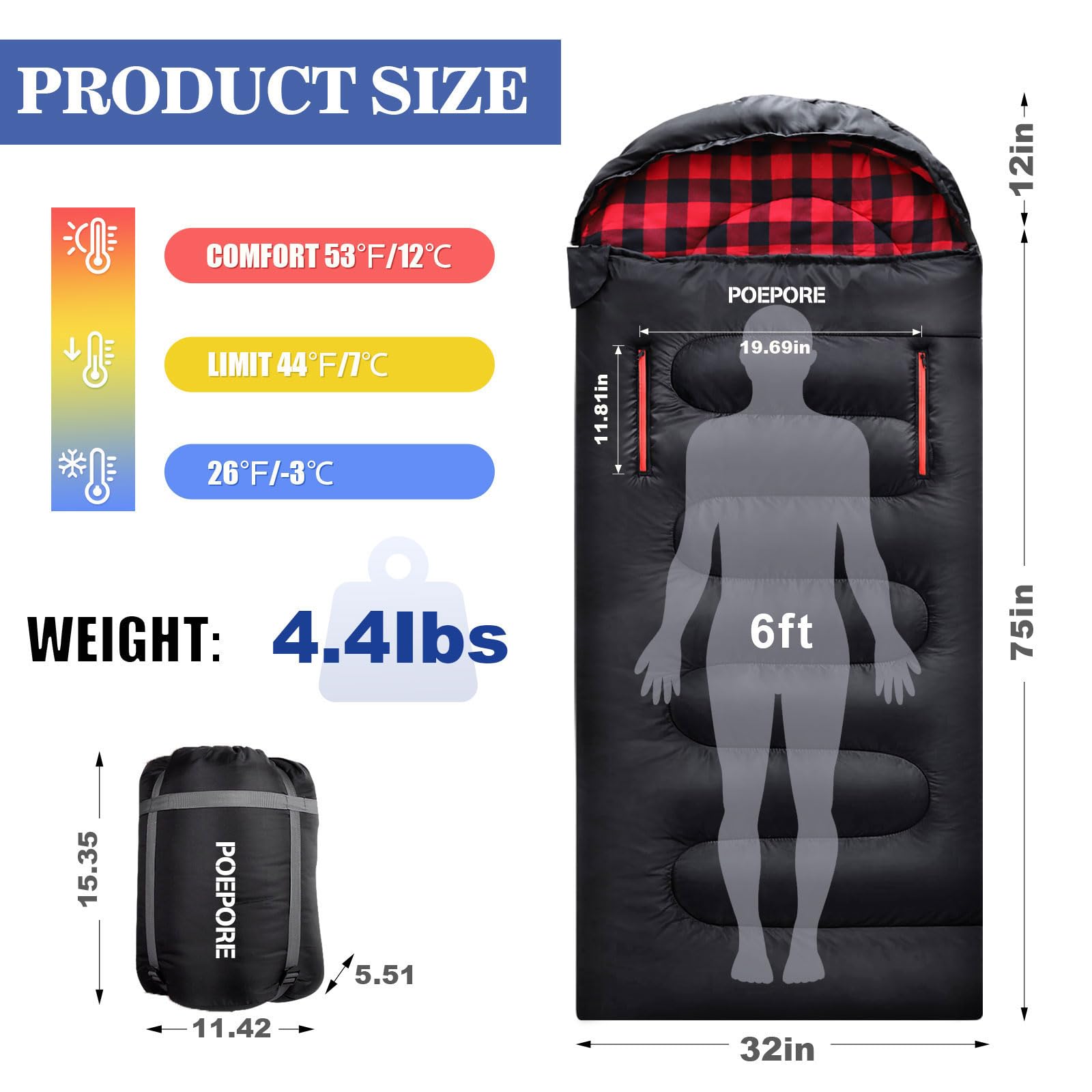 POEPORE Flannel Sleeping Bag Lightweight Warm Weather 3-4 Seasons for Adults XL Wearable Sleeping Bag Waterproof with Compression Sack Black/Red