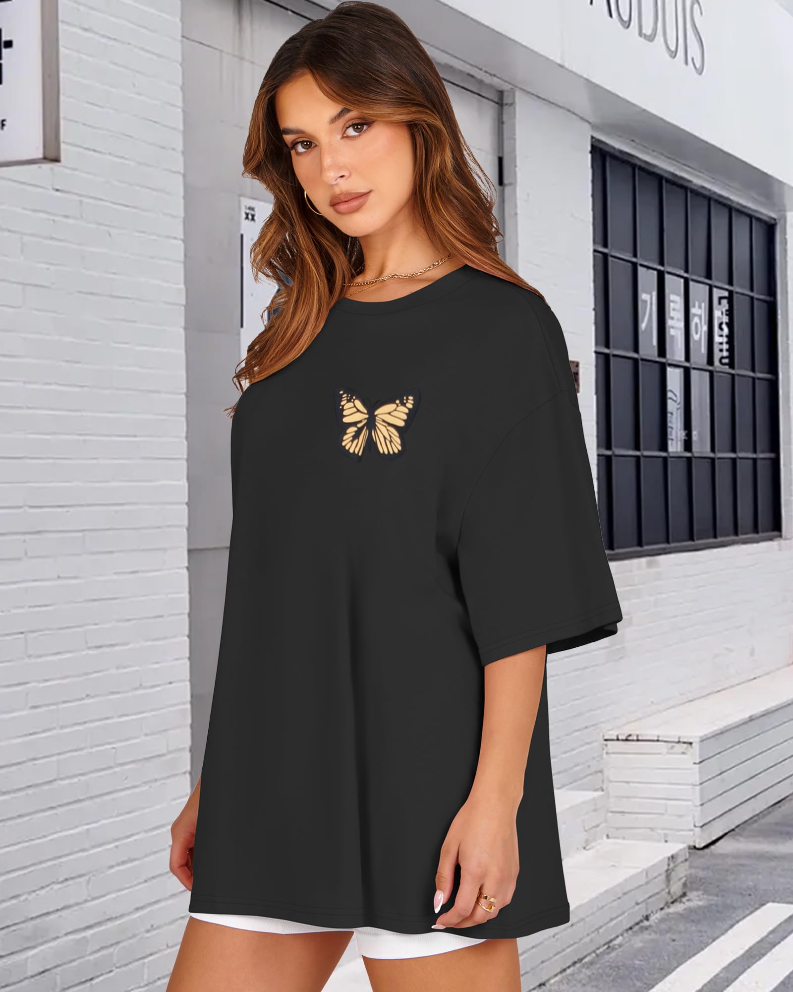 Womens Oversized Tshirt Graphic Tees Crew Neck Summer Short Sleeve Loose Fit Tops (A-Butterfly Print Black, L)