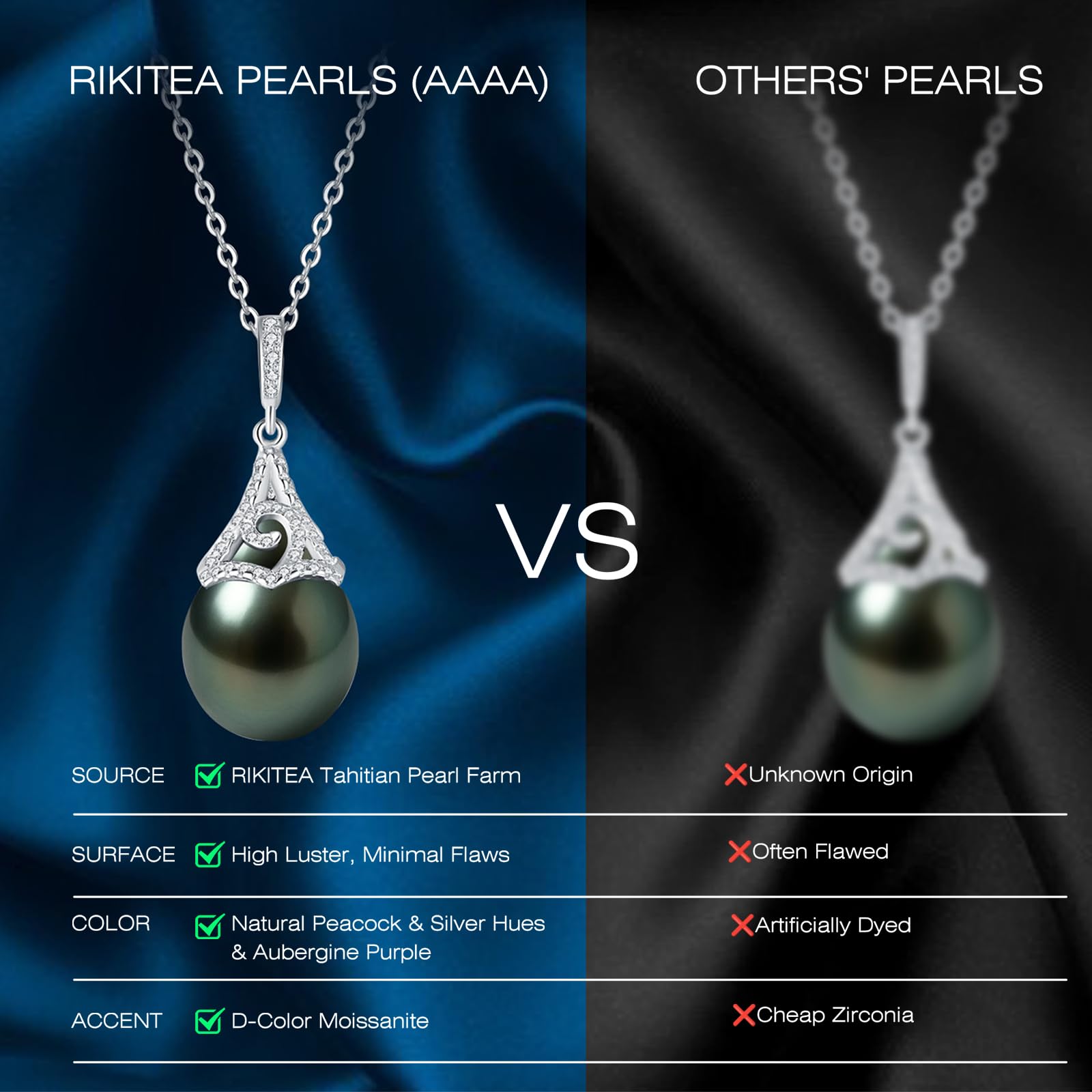 Natural Tahitian Black Pearl Necklace - Christmas Gift for Wife Mom Daughter Sister Women, Jewelry Gifts for Wedding Anniversary Birthday, 9-10mm Seawater Pearl Sterling Silver Moissanite Pendant