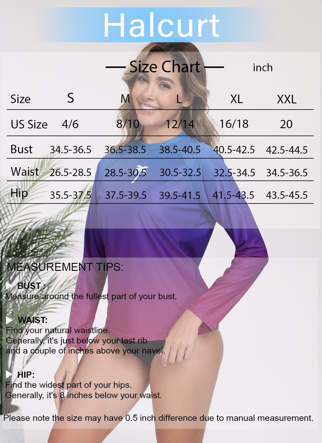 Halcurt Women's Long Sleeve Rash Guard Swim Shirts Quick Dry UPF50+ UV Sun Protection Swimsuit Top Ombre Blue M