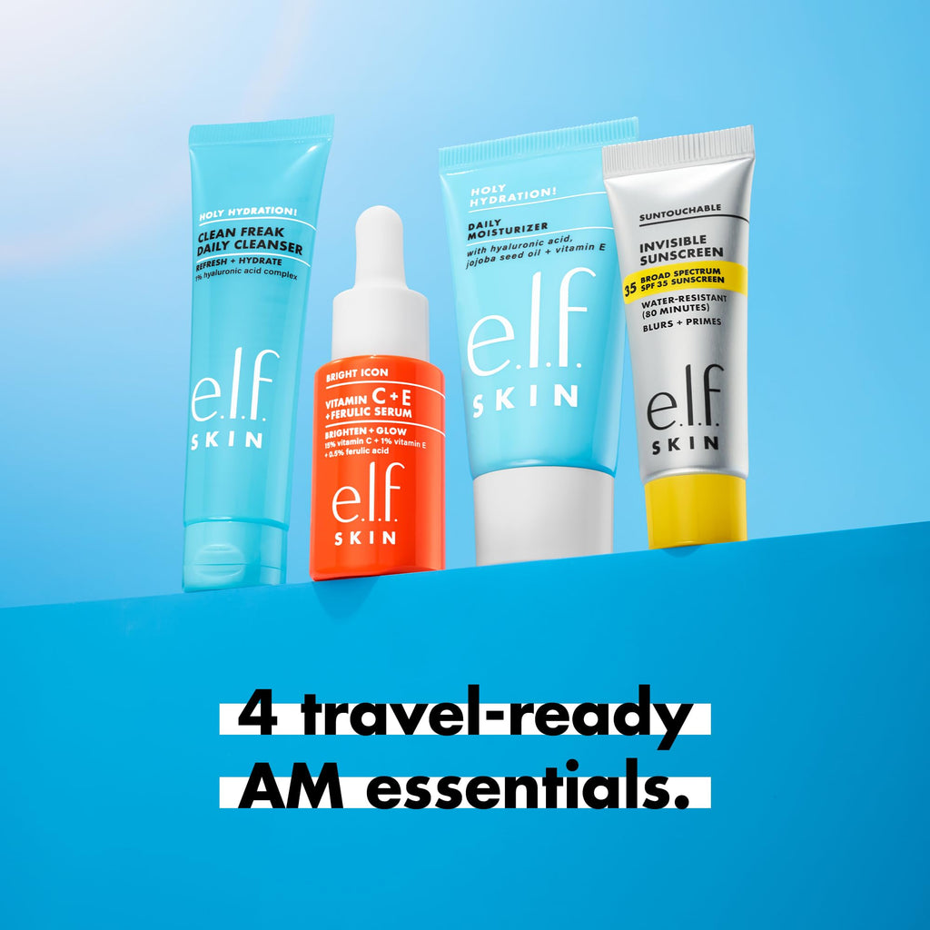 e.l.f. SKIN Wake the e.l.f. Up Skincare Kit, Travel-Size Hydrating Face Cleanser, Sunscreen, Moisturizer & Brightening Serum, Vegan & Cruelty-Free