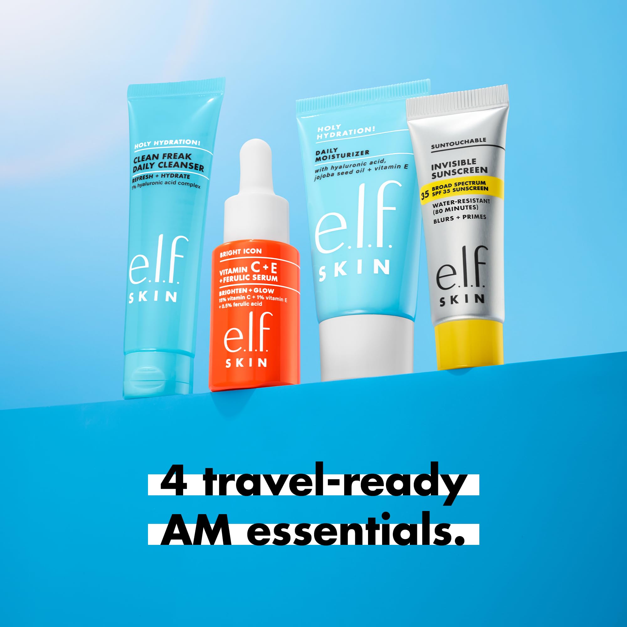 e.l.f. SKIN Wake the e.l.f. Up Skincare Kit, Travel-Size Hydrating Face Cleanser, Sunscreen, Moisturizer & Brightening Serum, Vegan & Cruelty-Free