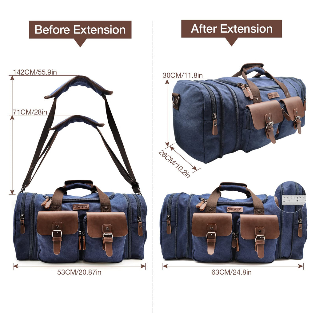 Wildroad 50L Travel Duffel Bag, Expandable Canvas Genuine Leather Duffle Bag Upgraded Overnight Weekender Carry on Bag