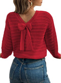 EVALESS Fall Sweaters for Women Long Sleeve Fashion Outfits 2025 Back Bow Knot Sweaters Round Neck Solid Fashion Clothes Knit Pullover Sweater Tops Red Medium