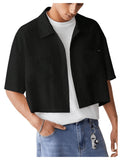 SHENHE Men's Summer Short Sleeve Button Down Crop Shirt Loose Fit Casual Shirt with Pockets Black Small