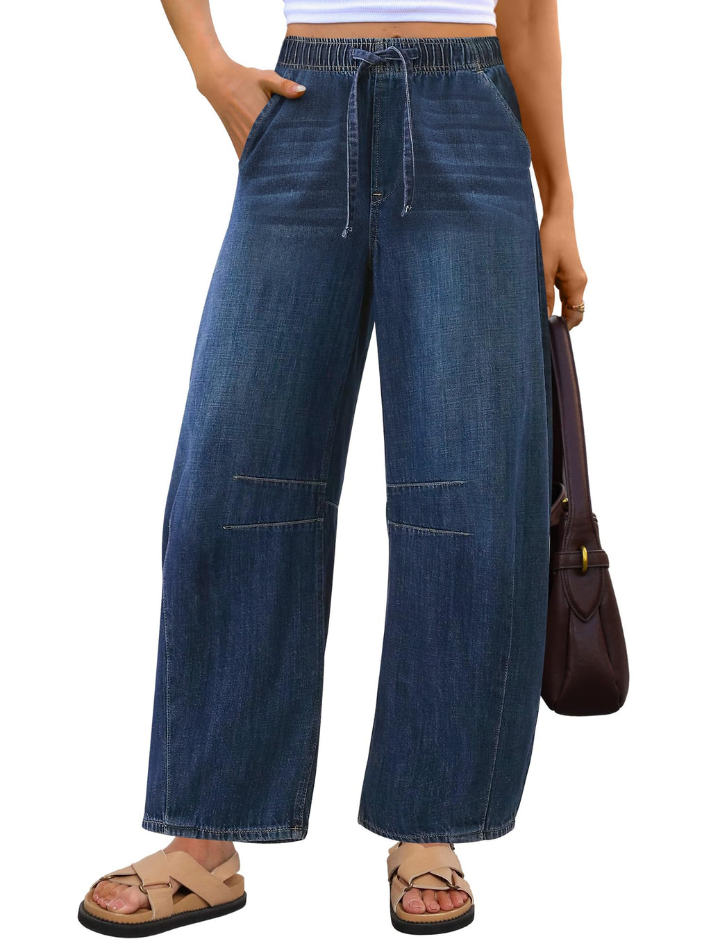 ANRABESS Women Barrel Jeans High Waisted Wide Leg Drawstring Denim Pants Y2K Baggy Loose Fit Trouser Jeans with Pockets Dark Blue X-Large